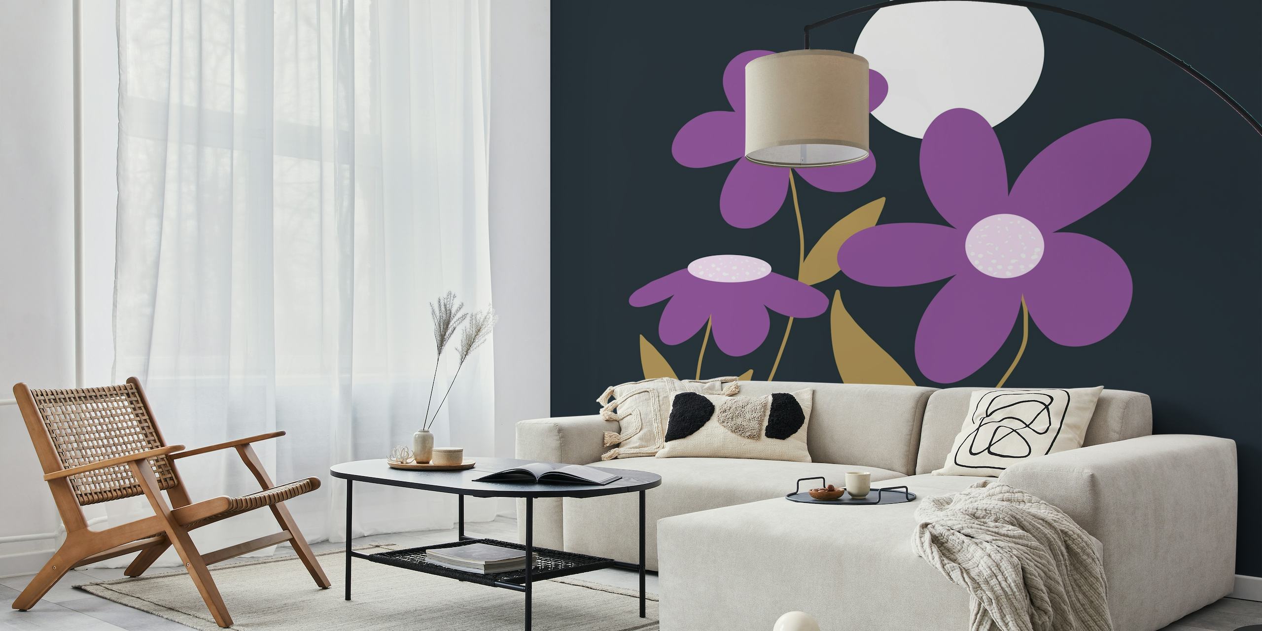 Stylized purple flowers with a white moon on a dark background wall mural
