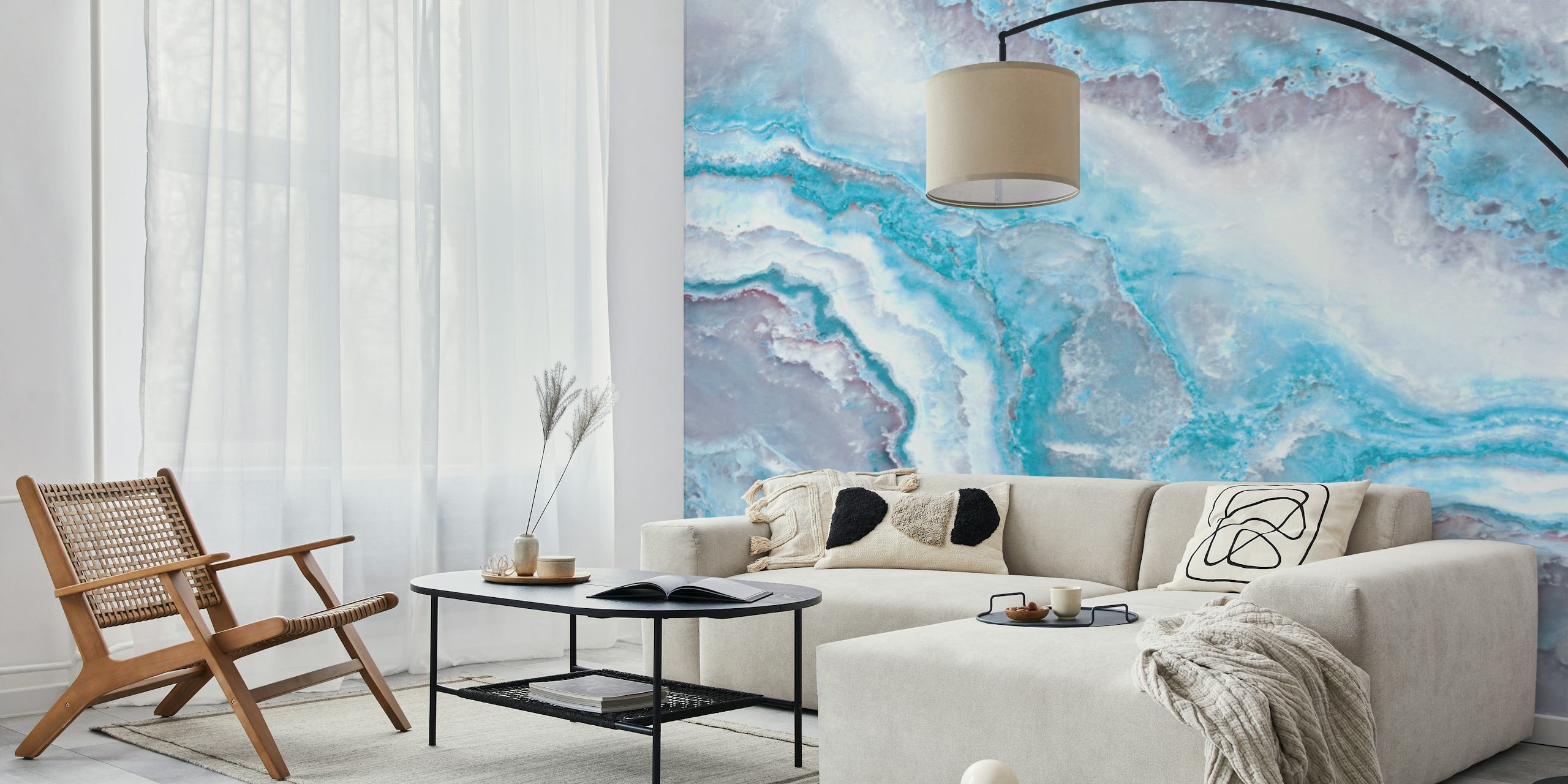 Blue Mermaid Ocean Marble seinämaalaus pyörteillä sinivalkoisilla kuvioilla