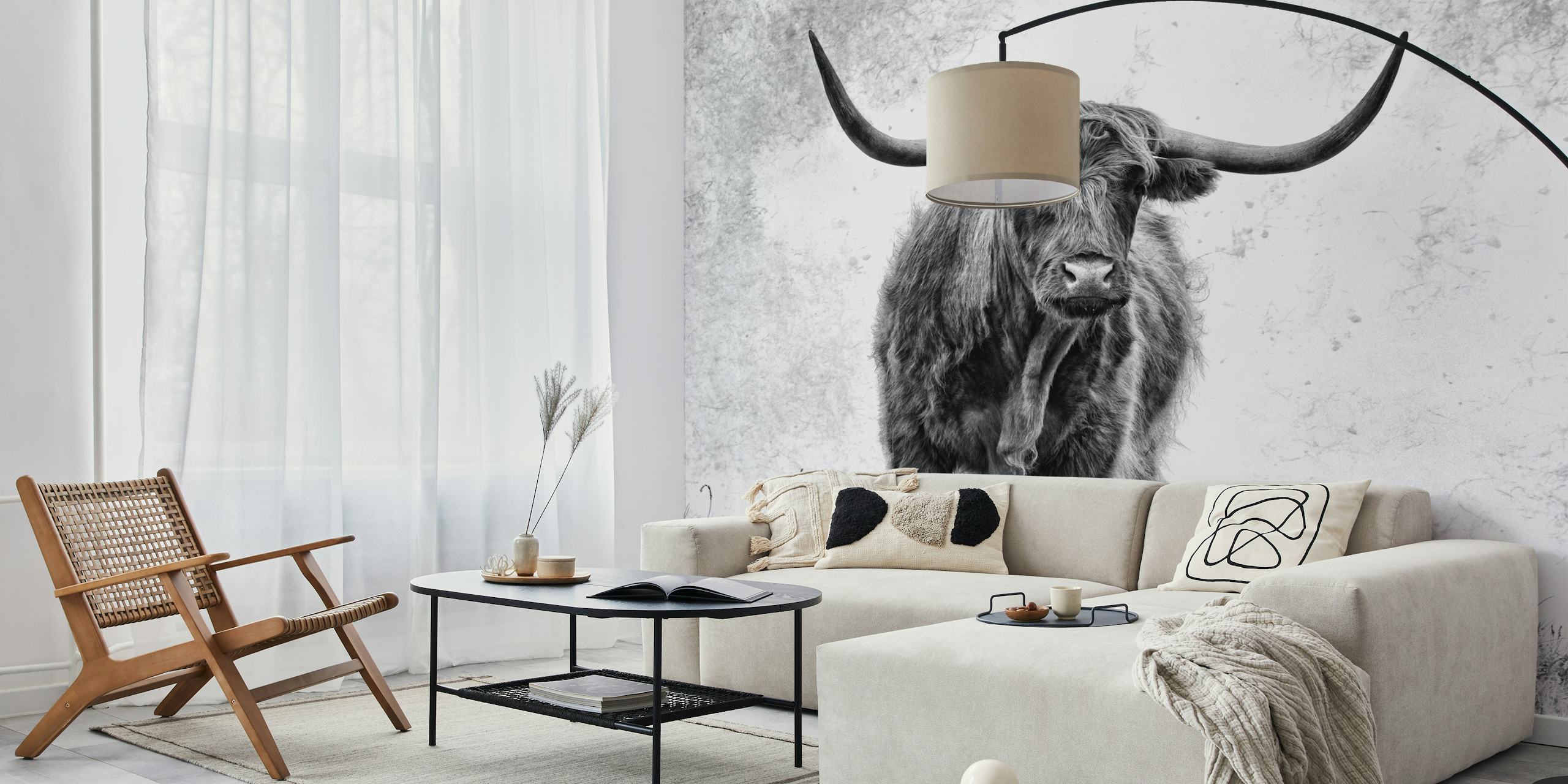 Highland cow wallpaper in a room
