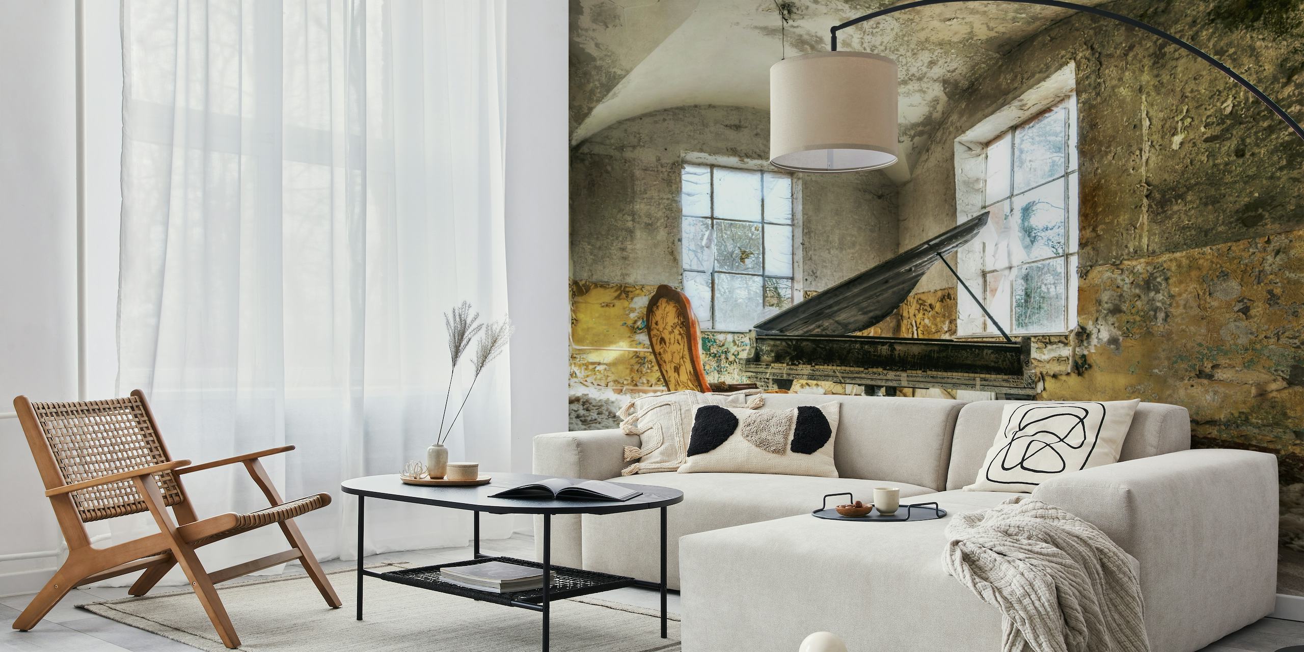 Ethereal abandoned room with a grand piano wall mural