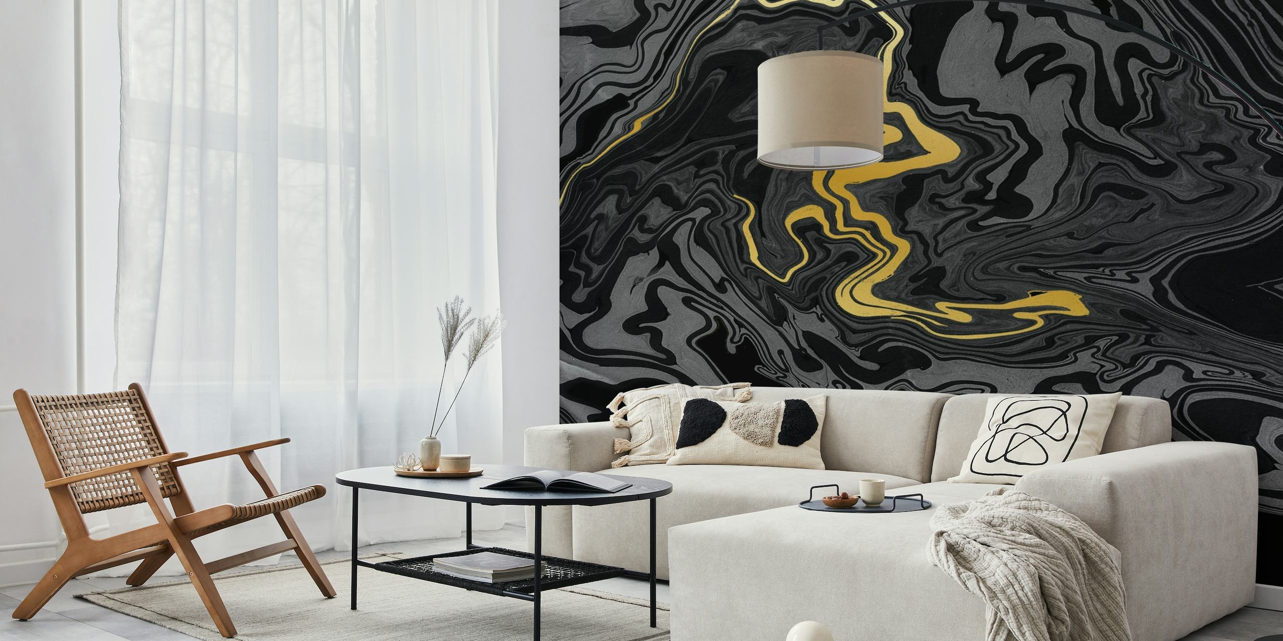 Black and Gold Marble wall mural with swirling patterns
