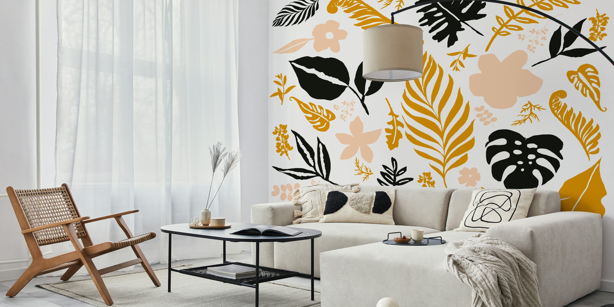 Tropical leaves and flowers in black, gold, and pastel colors wallpaper