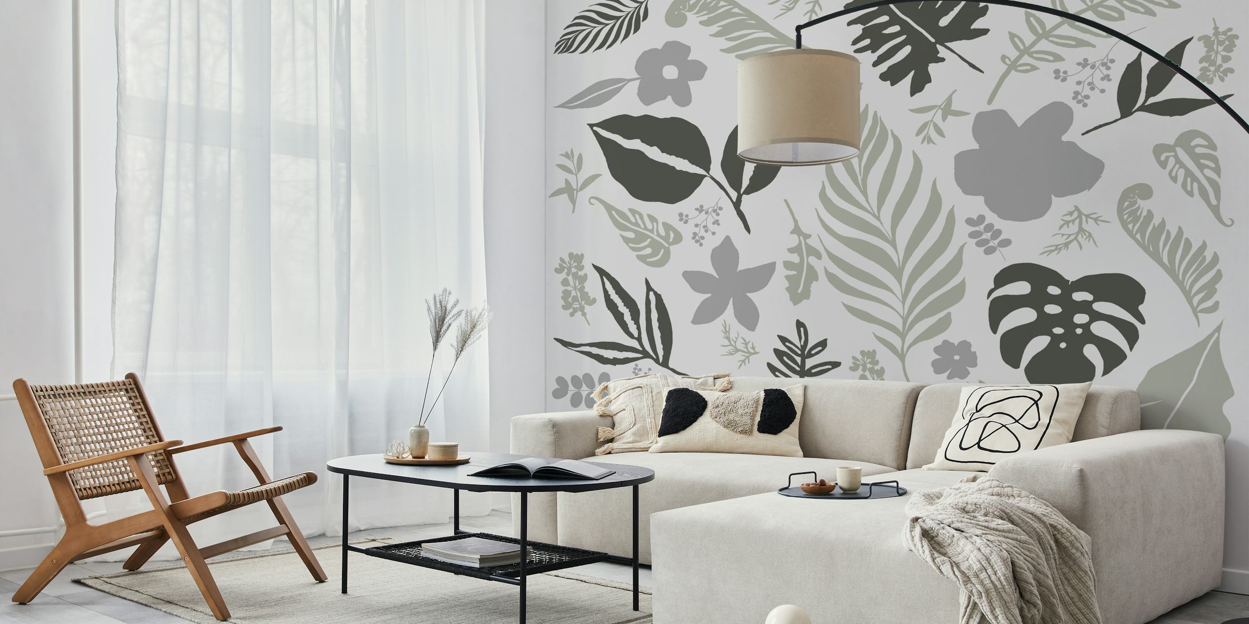 Grey floral leaf patterns in various shades of grey wallpaper