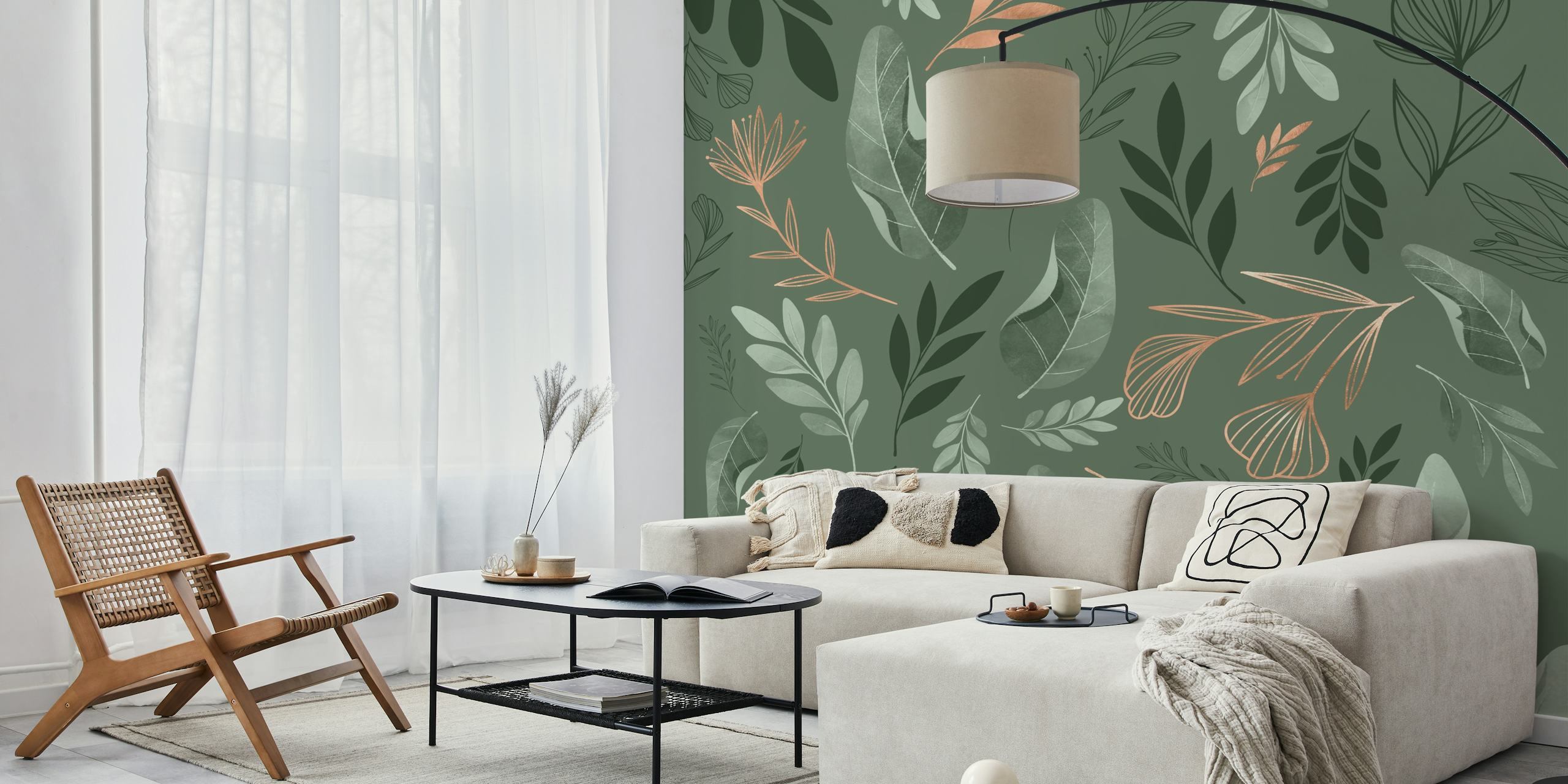 Mural de pared Leaf Line Green con follaje estilizado sobre un fondo apagado