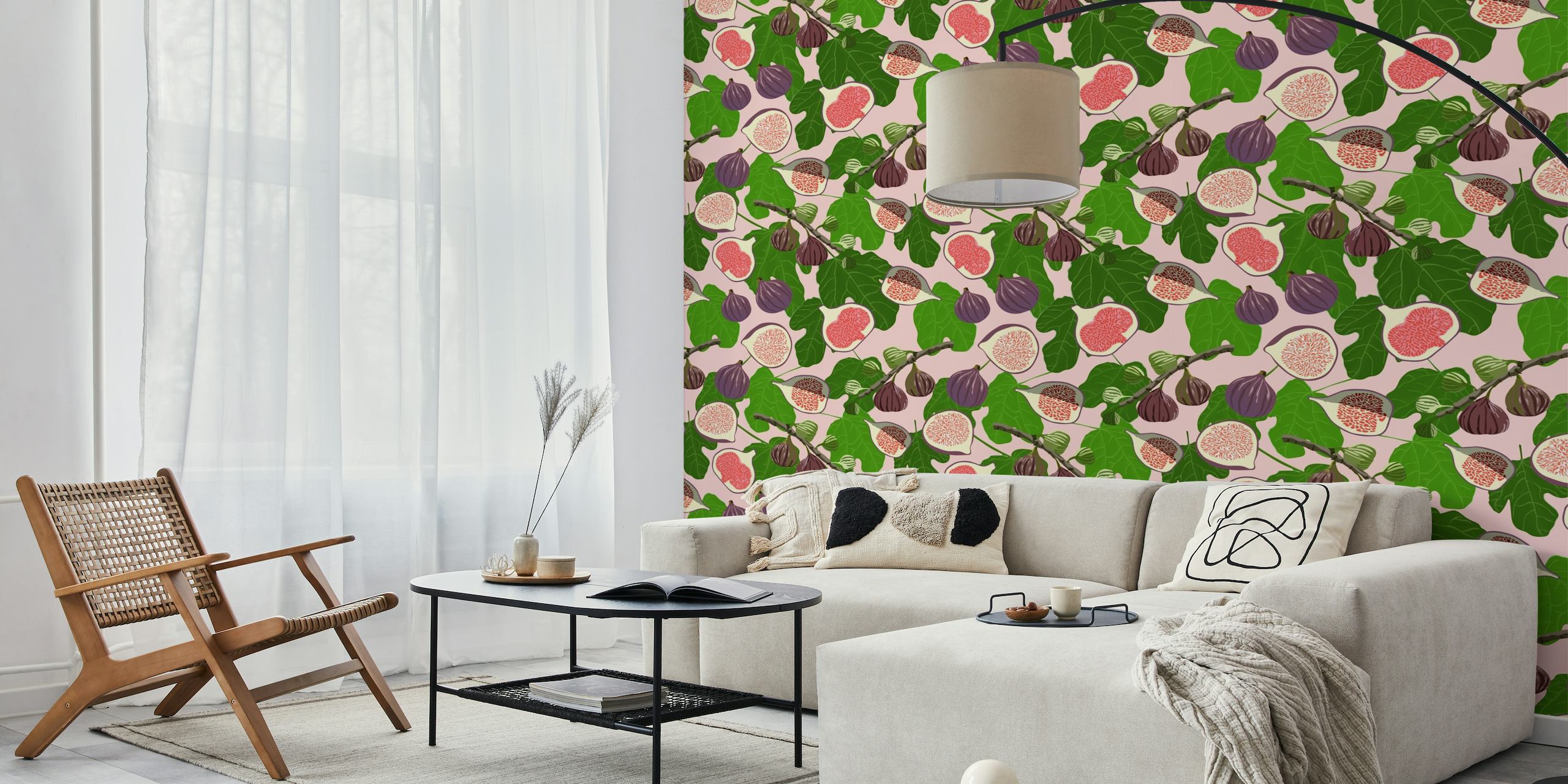 Kirkas ja kutsuva "Figs and Leaves" seinämaalaus vaaleanpunaisilla ja violeteilla viikunoilla vihreän lehtikuvion keskellä