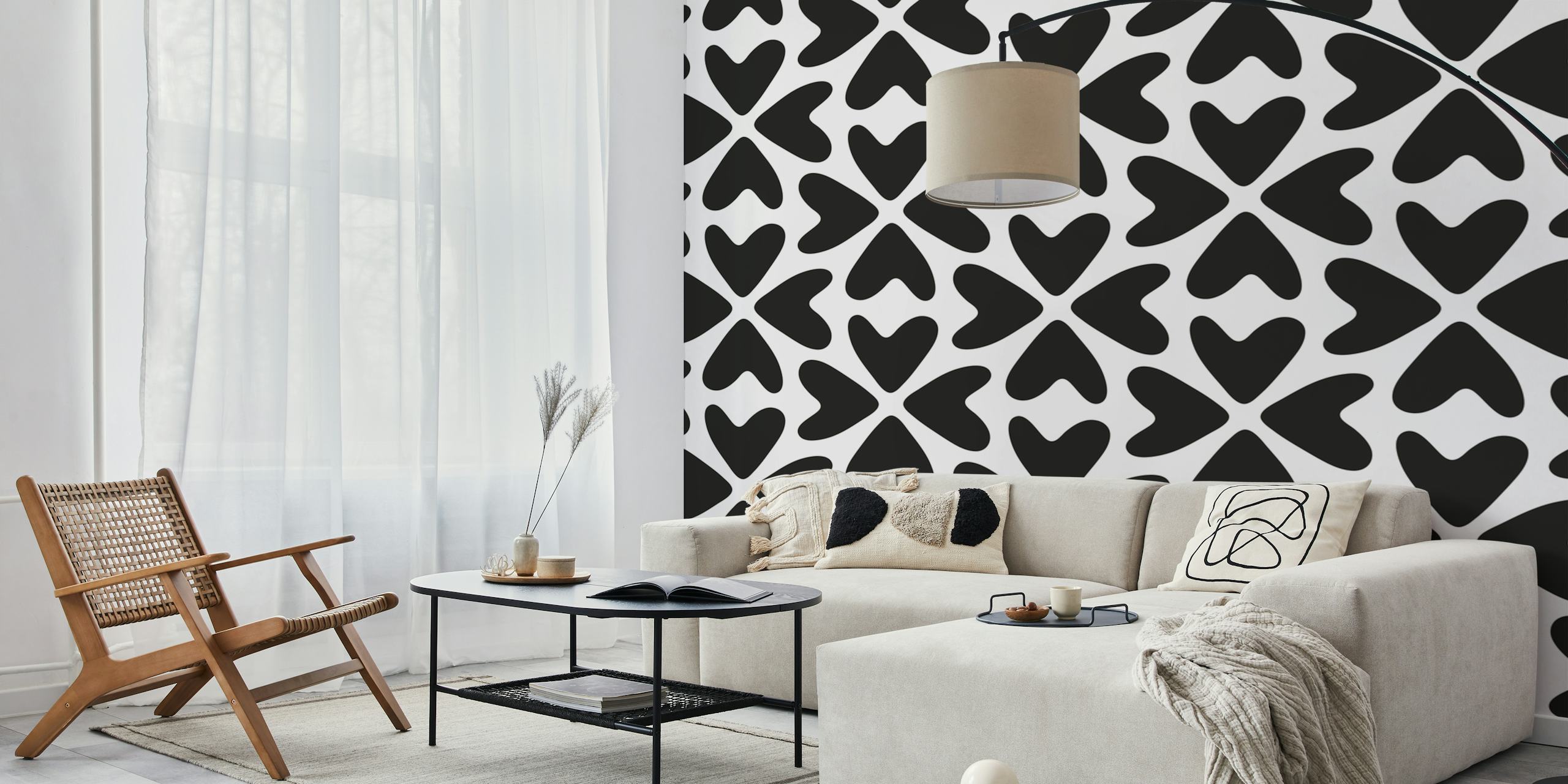 Black and white floral pattern wallpaper with heart shapes