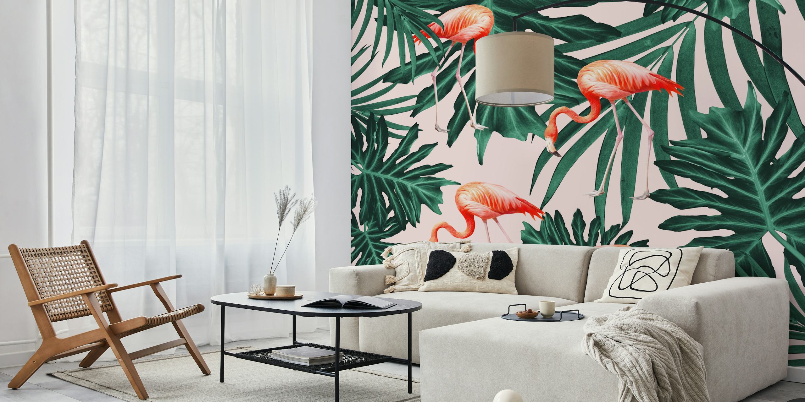 Tropical pink flamingos surrounded by green palm leaves wallpaper