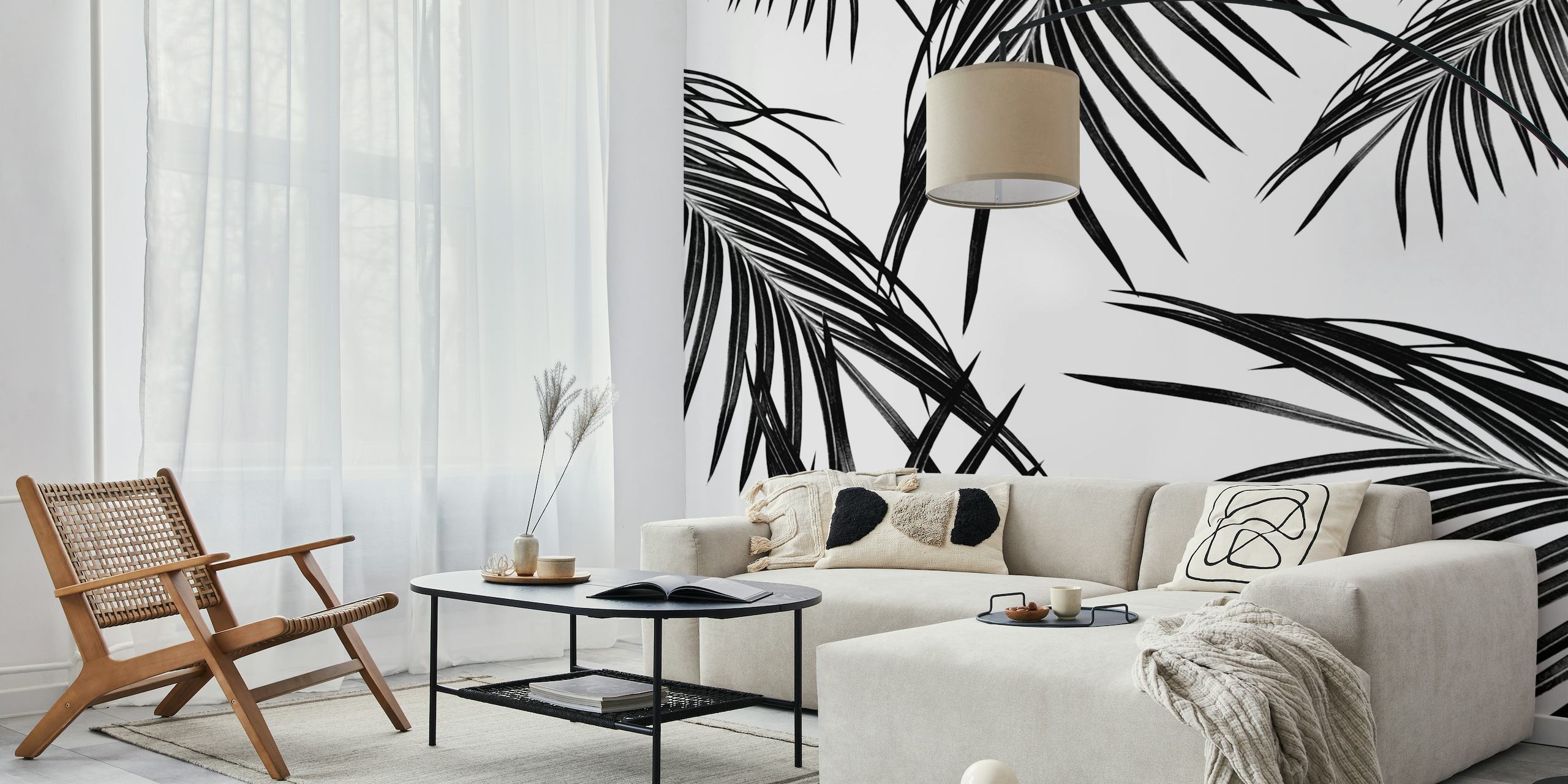 Stylish black palm leaf wallpaper on white background - Happywall