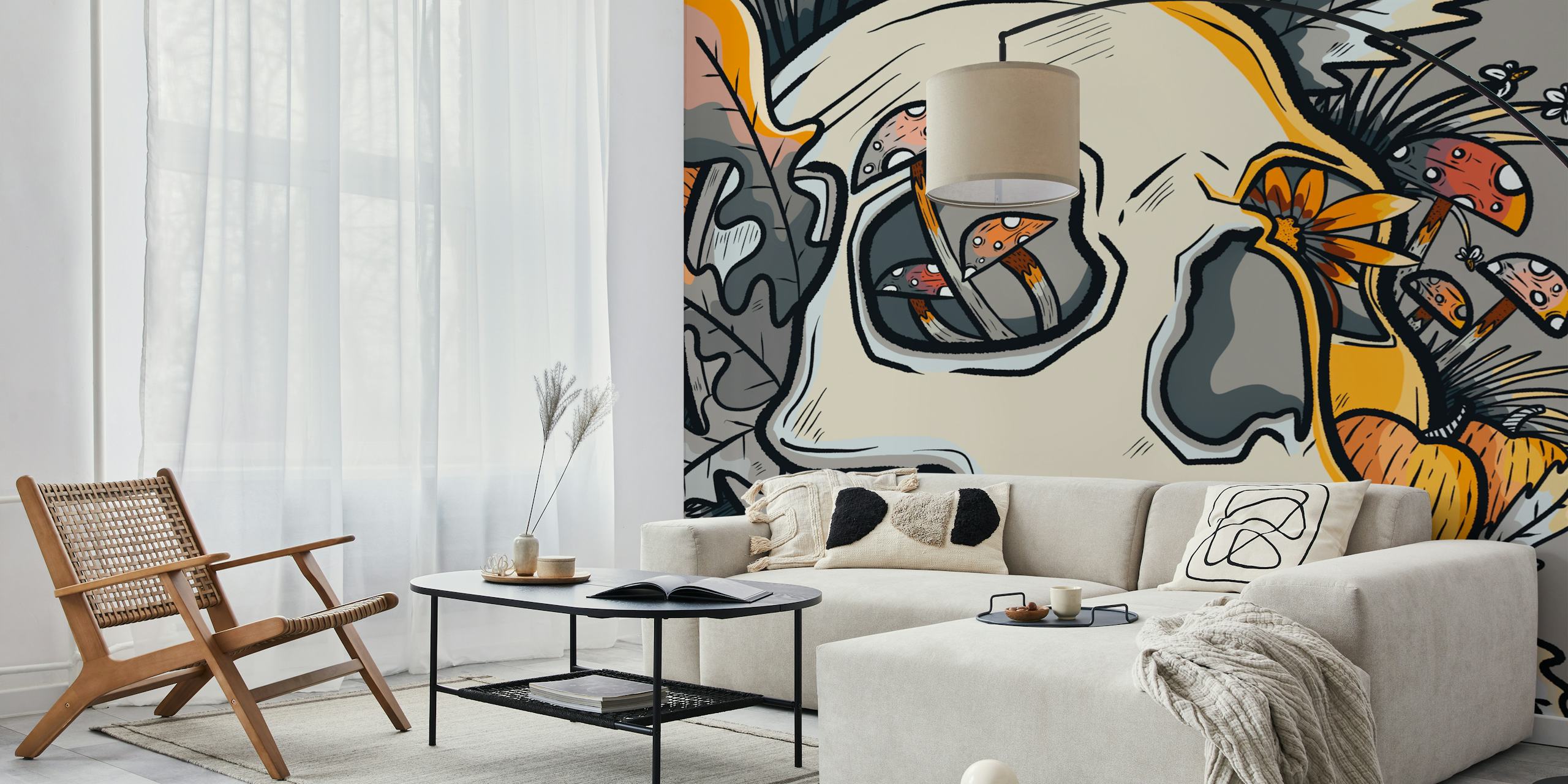 Mushroom and skull behang in een kamerdecor