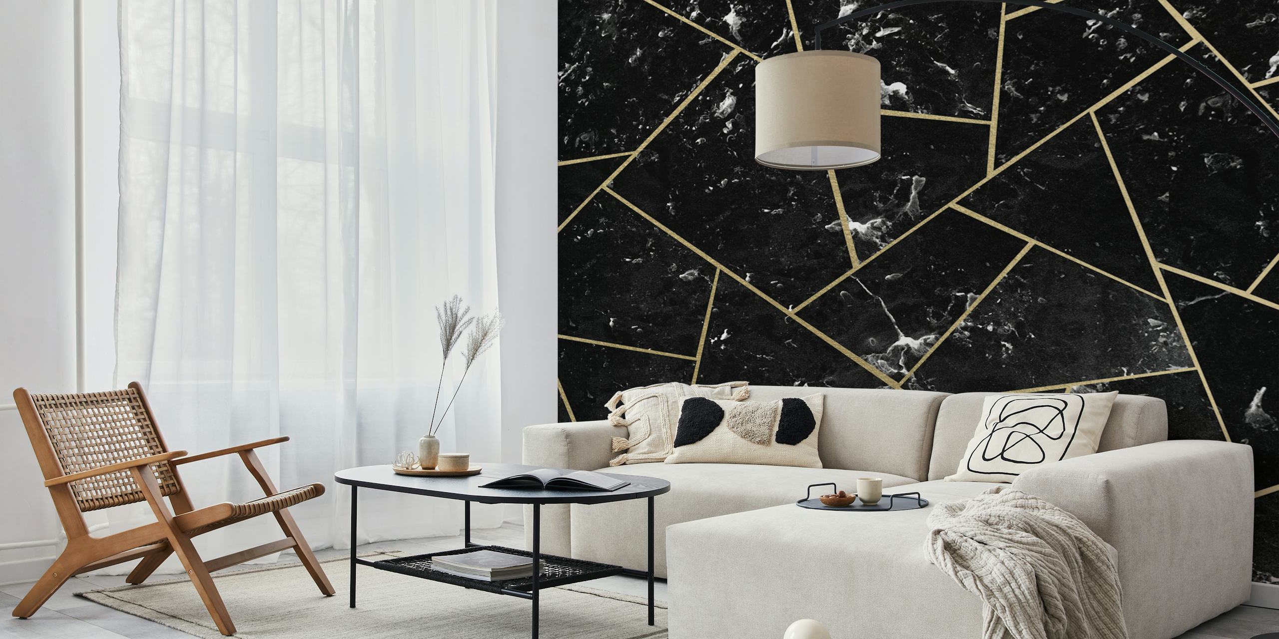 Geometric pattern in black marble with gold lines wallpaper