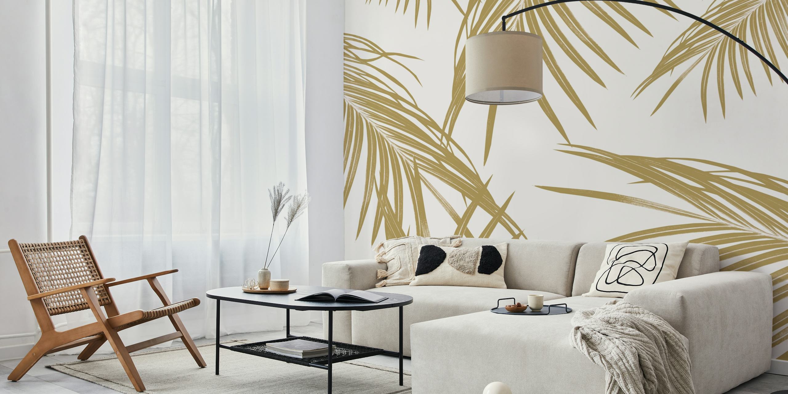 Gold palm leaves pattern on a white background wallpaper