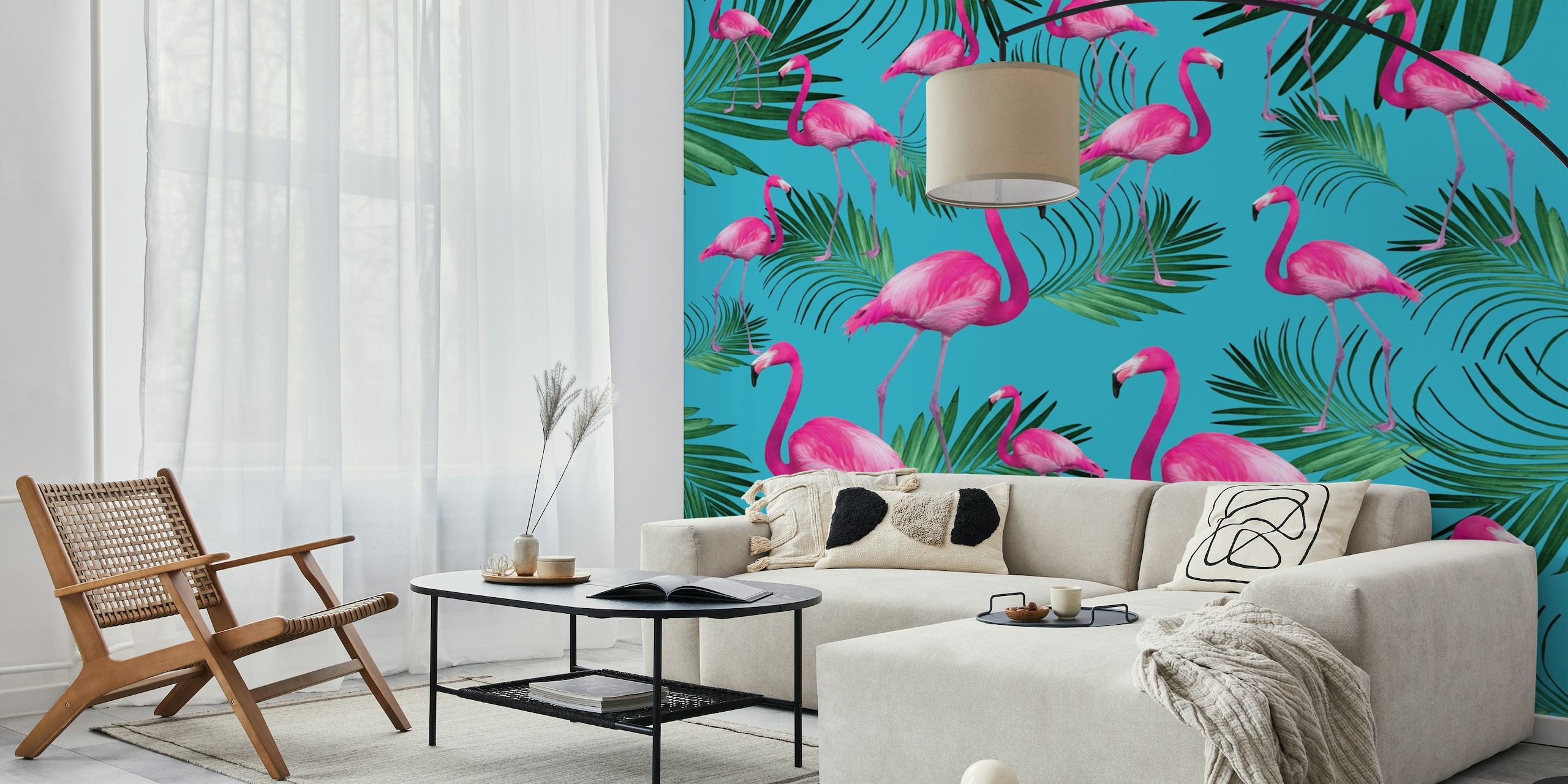 Vibrant Flamingo and Palm Tropical Wallpaper Design