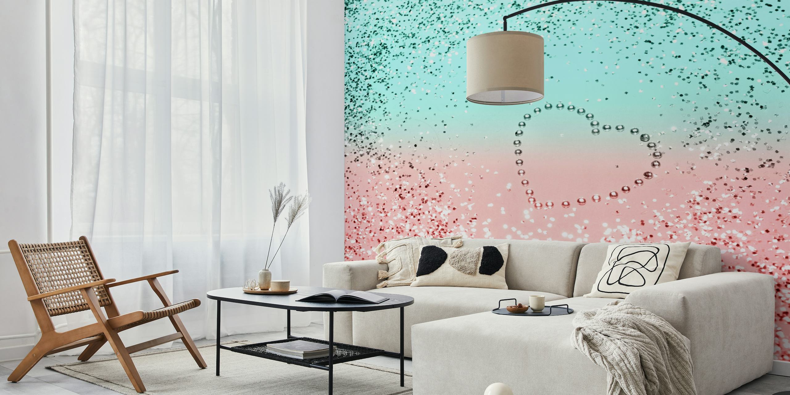 Summer Glitter Heart wall mural with a gradient from aqua blue to pink with a sparkling effect