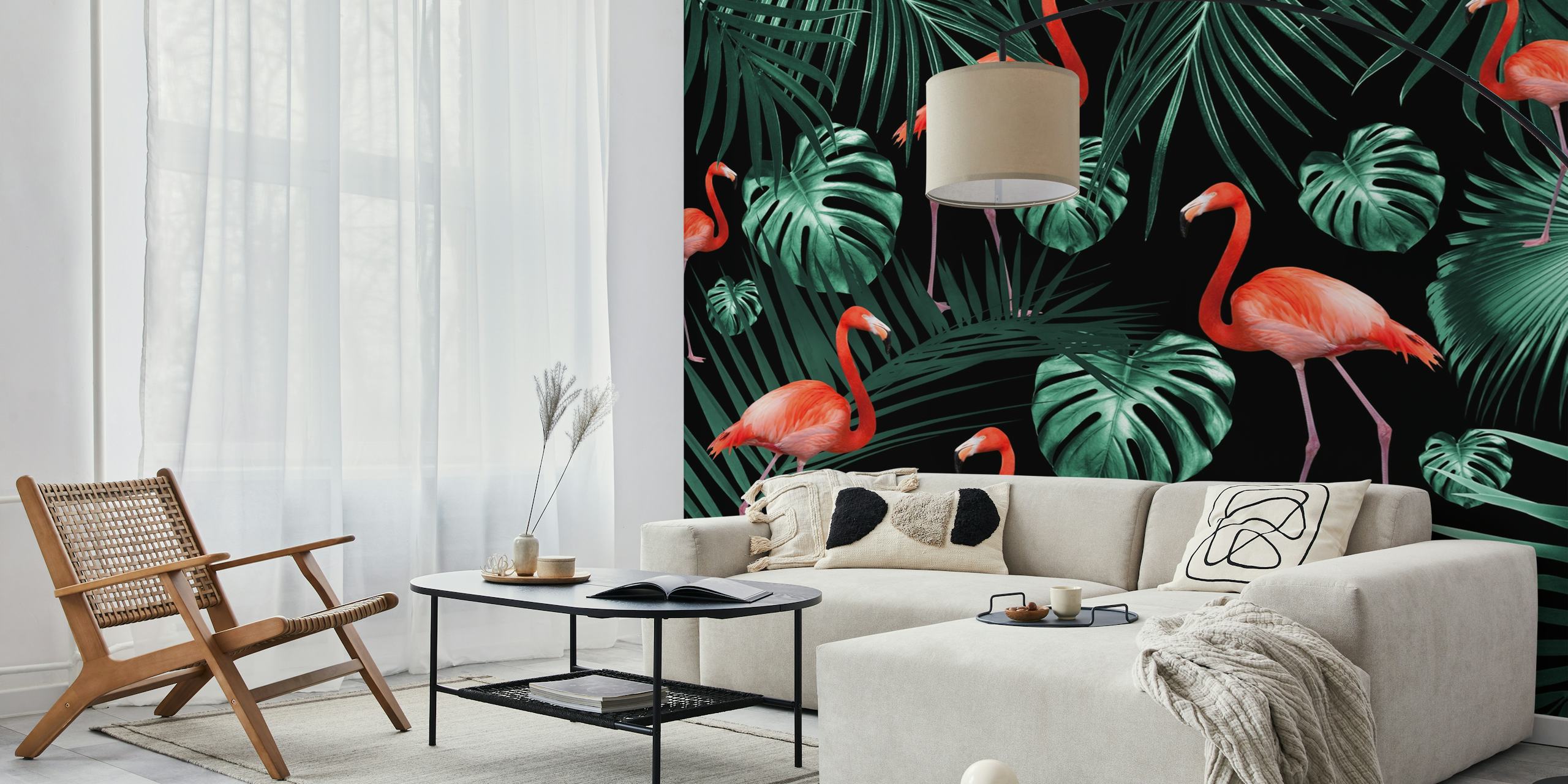 Tropical palm leaves and flamingos on a black background wallpaper