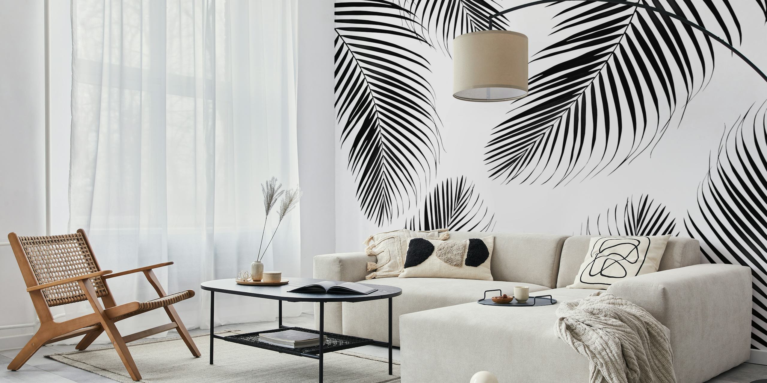 Sort og hvidt palmeblad mønster vægmaleri
