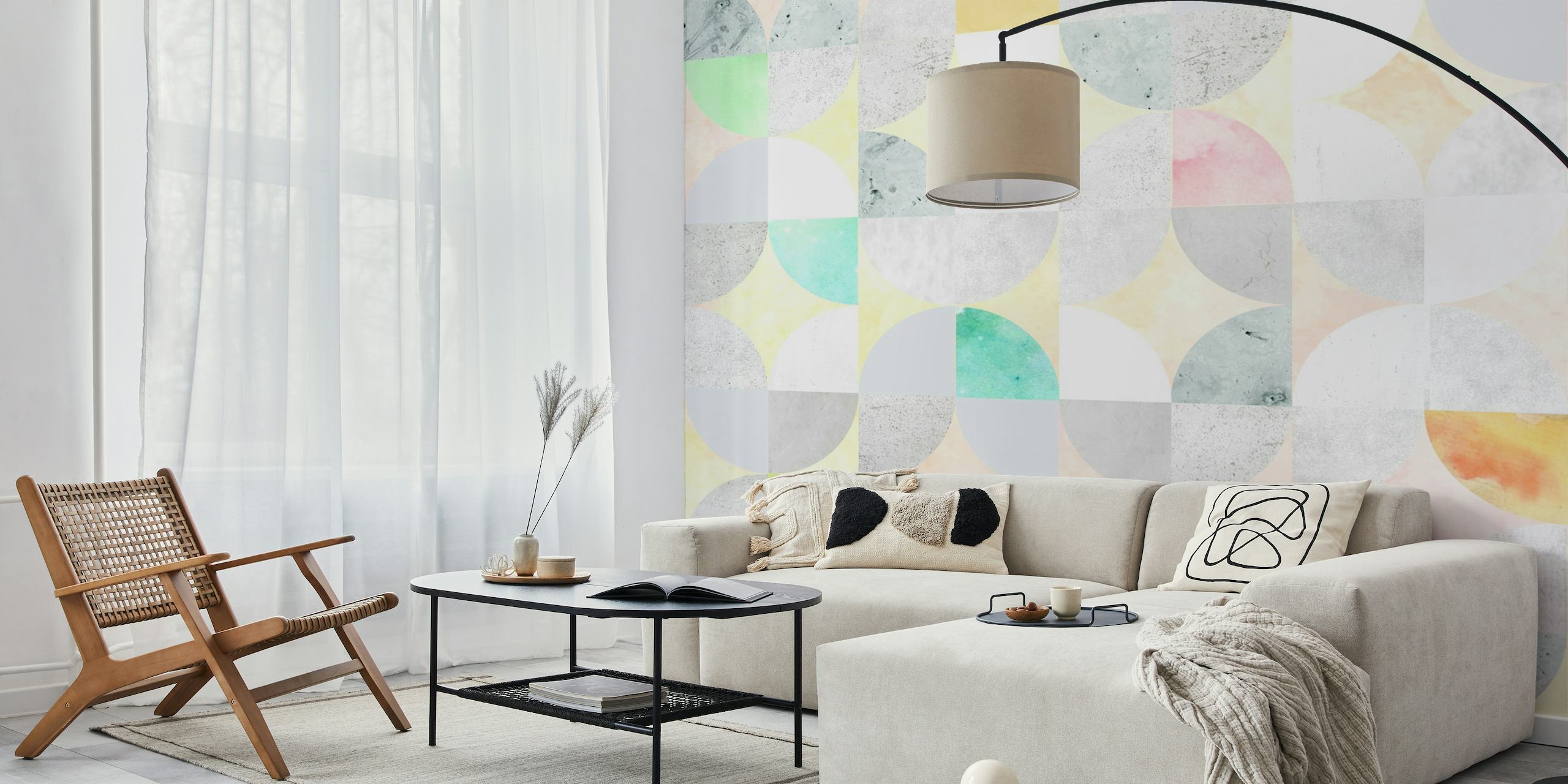 Papel pintado de hormigón geométrico elegante que presenta una mezcla de colores suaves y texturas de hormigón en un patrón moderno