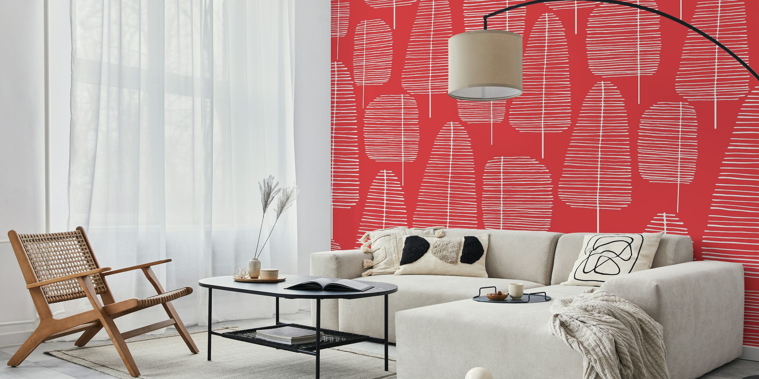 Mid Century Trees Red 2 wall mural with abstract tree shapes in red color