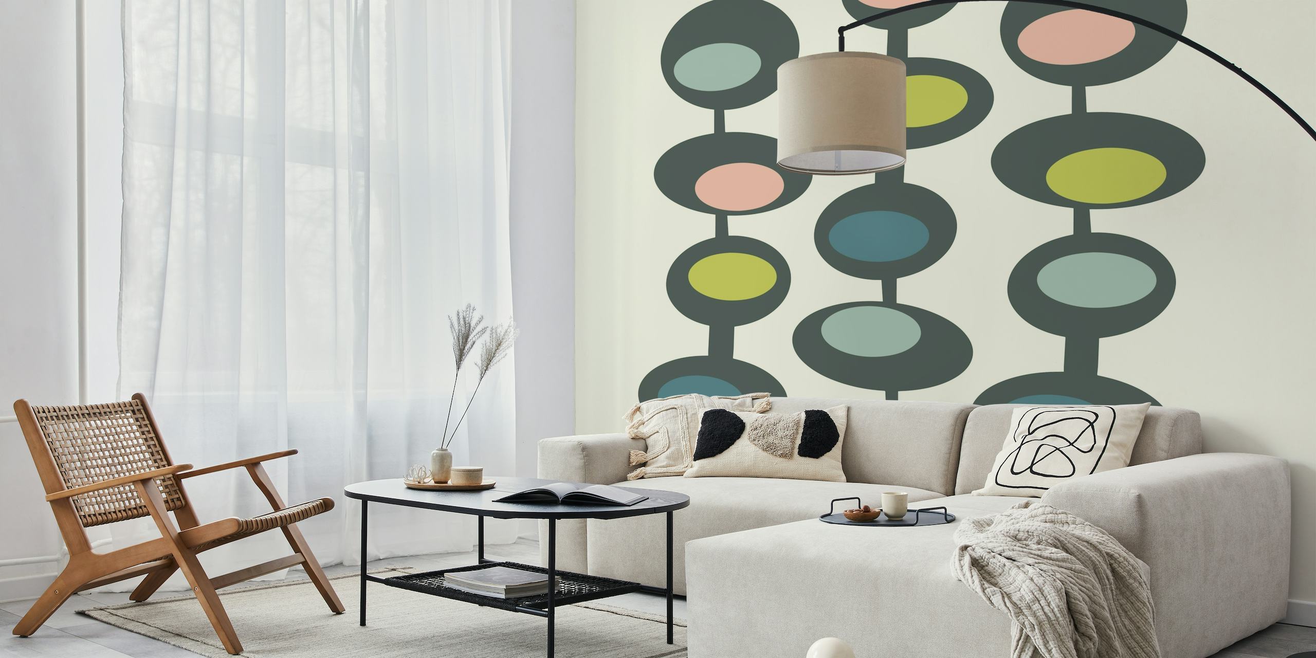 Mid-century modern baubles wall mural in pastel colors