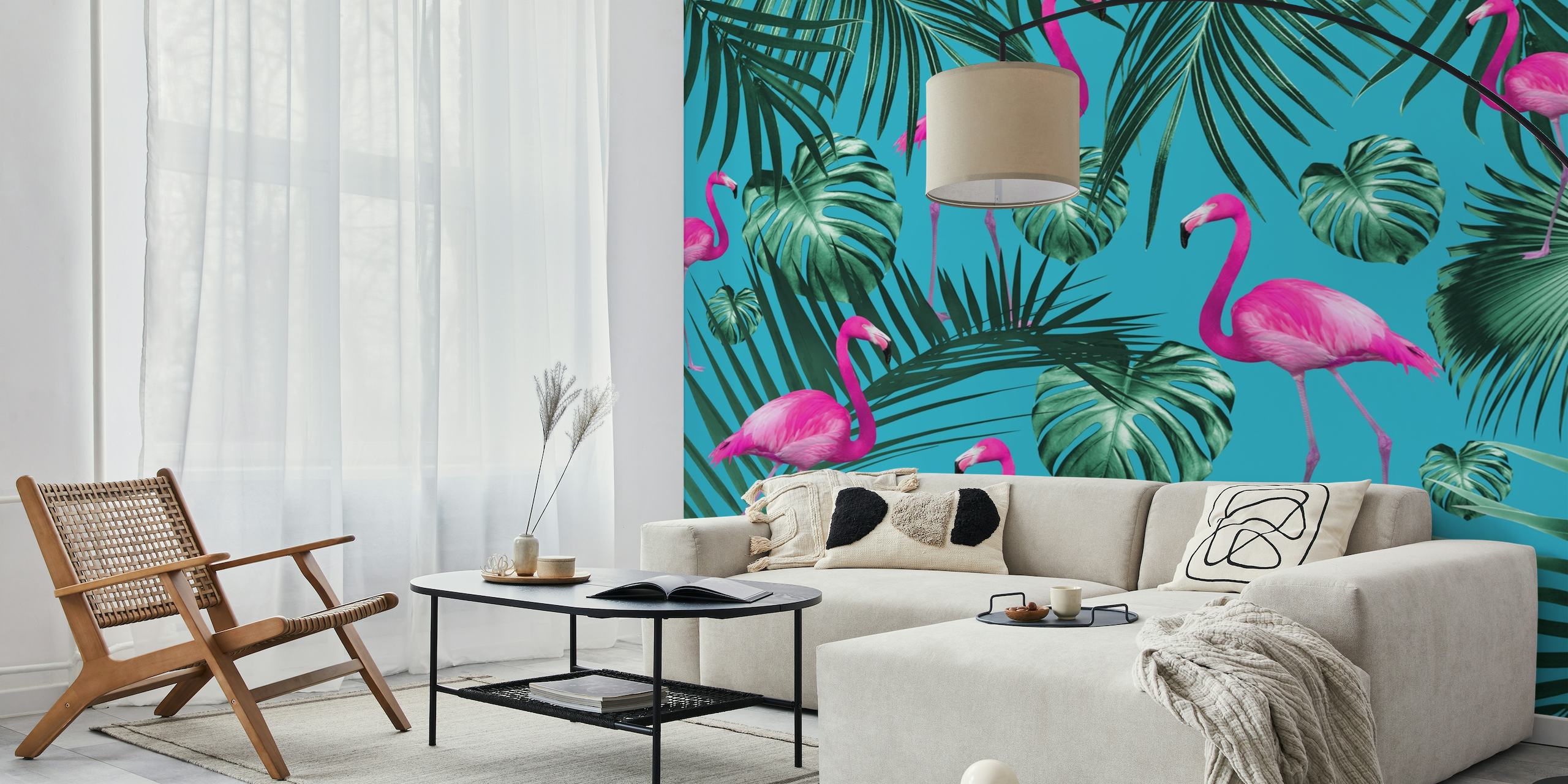 Papel pintado con estampado de flamencos tropicales y hojas de palma vibrantes
