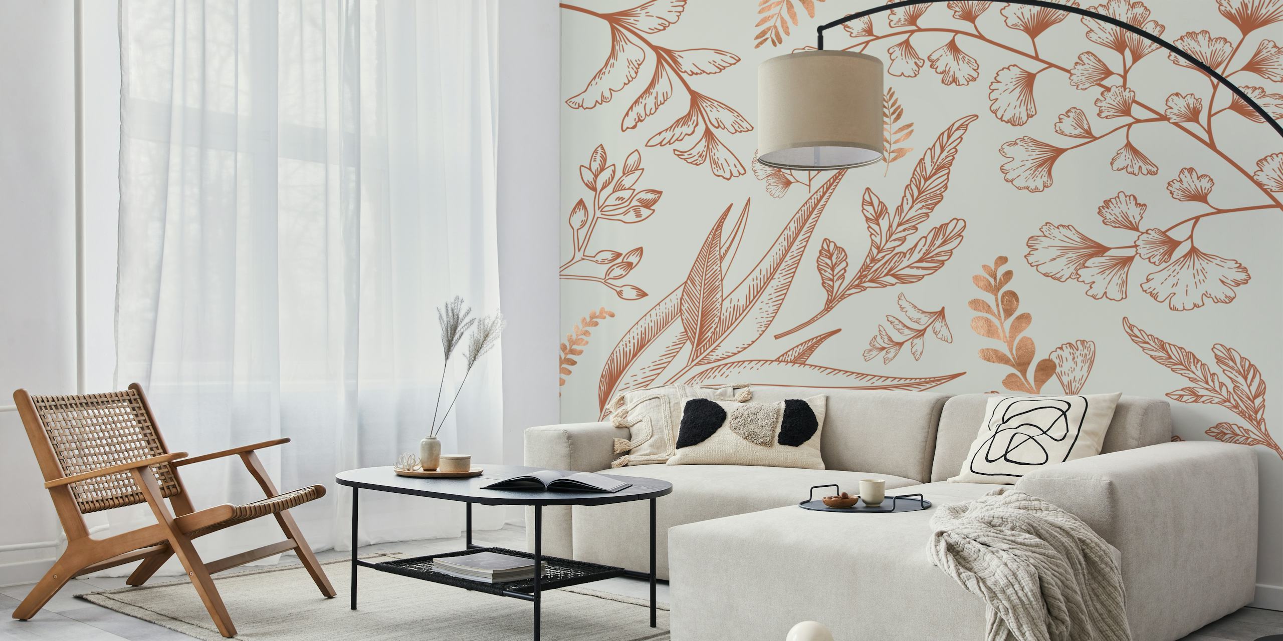 Leaf Line Brown veggmaleri med delikate brune bladmønster på en nøytral bakgrunn
