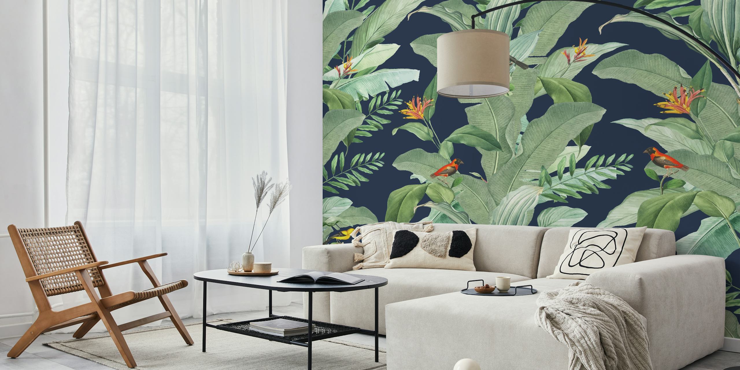 Blue bird amidst green leaves and floral patterns wallpaper