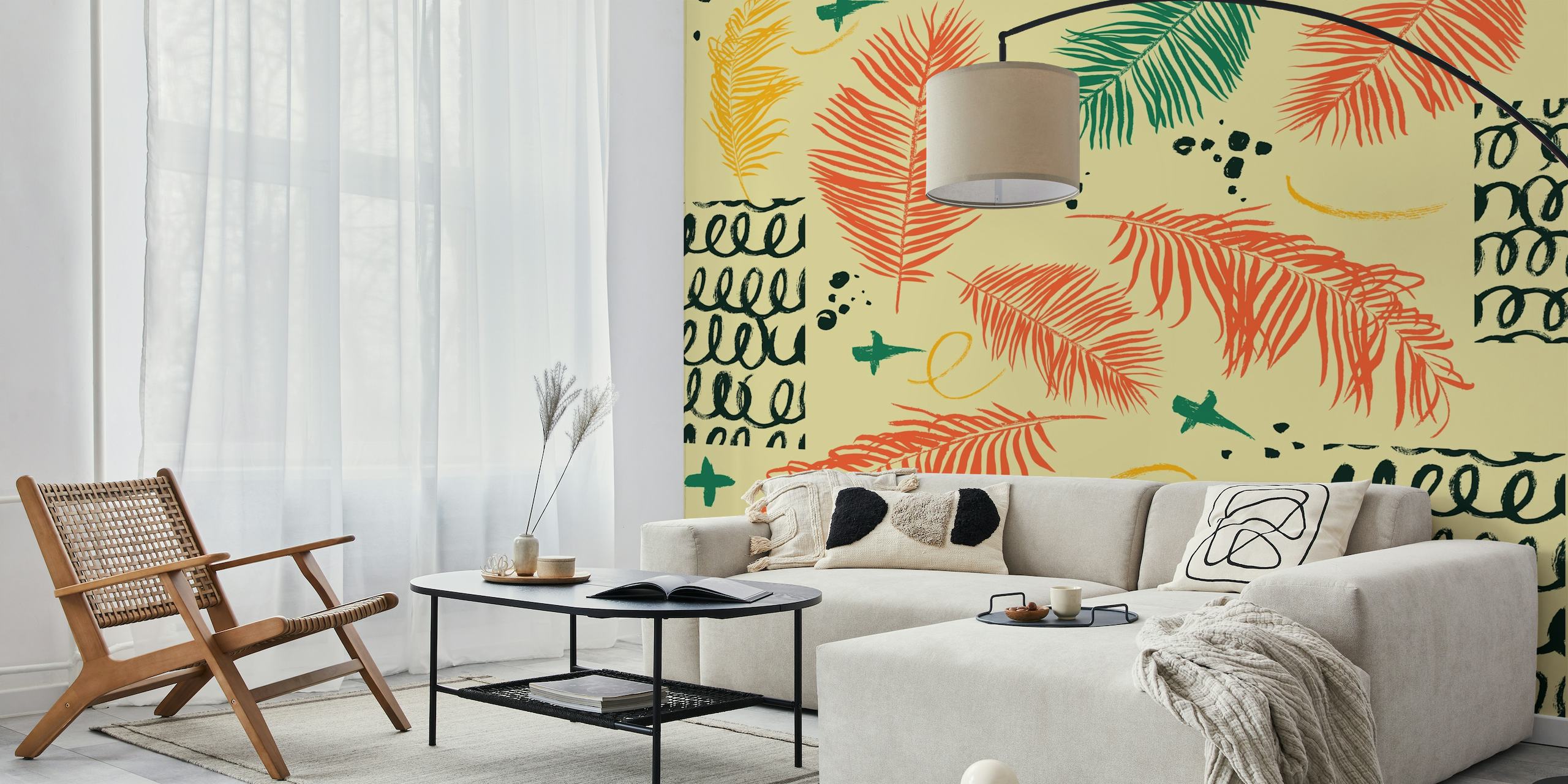 Colorful Leaf Punk wall mural featuring a mix of vibrant tropical leaves and abstract elements in warm and cool tones