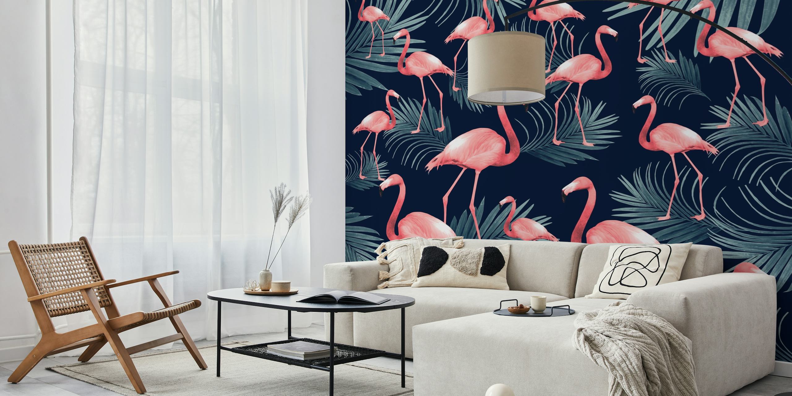Tropical scene with pink flamingos and palm leaves on dark background wallpaper