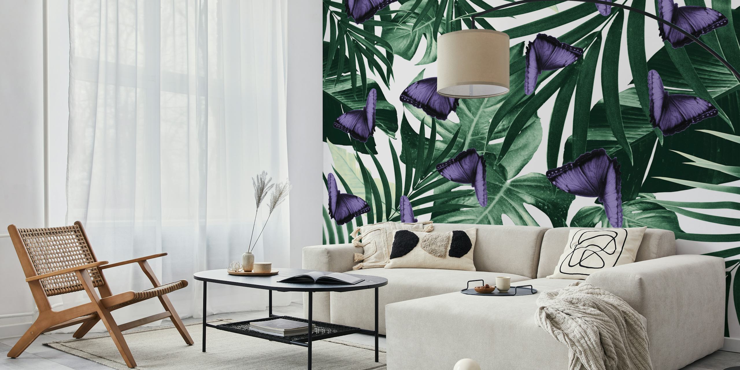 Tropical wallpaper with purple butterflies and green leaves