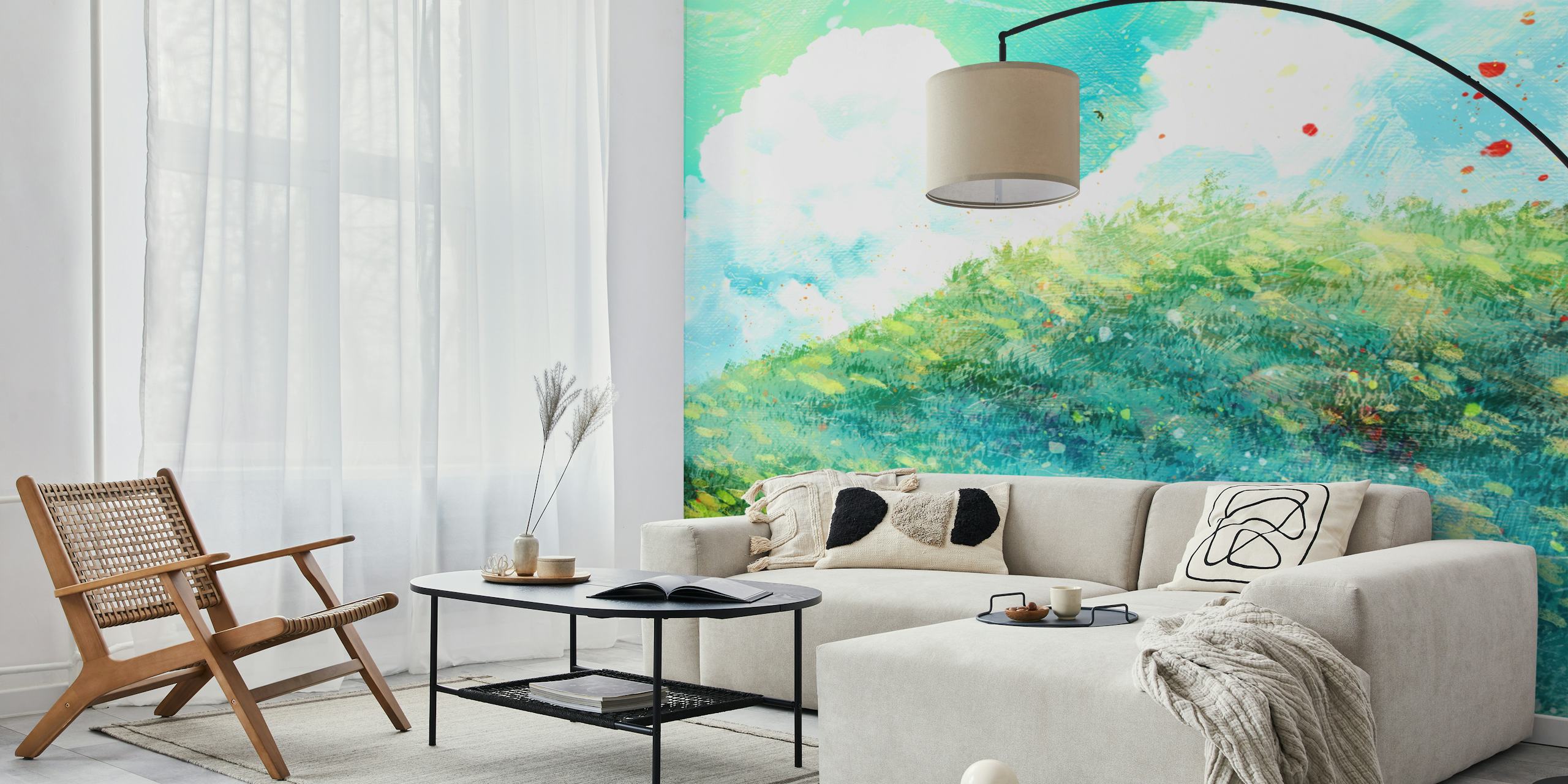 Green meadow hills with lush greenery and blue sky wallpaper