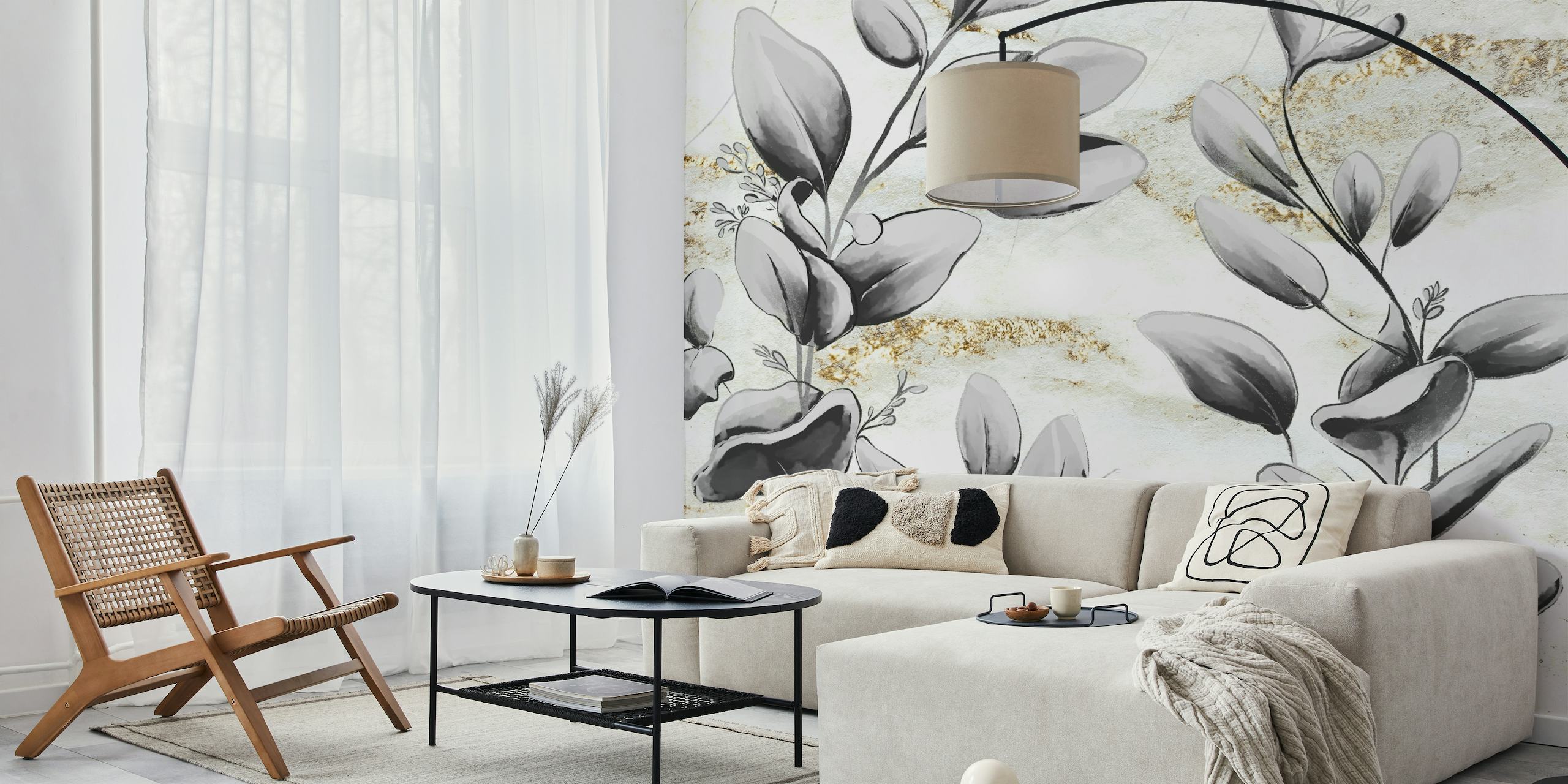 Artistic grey leaves wall mural with gold accents for a stylish interior touch