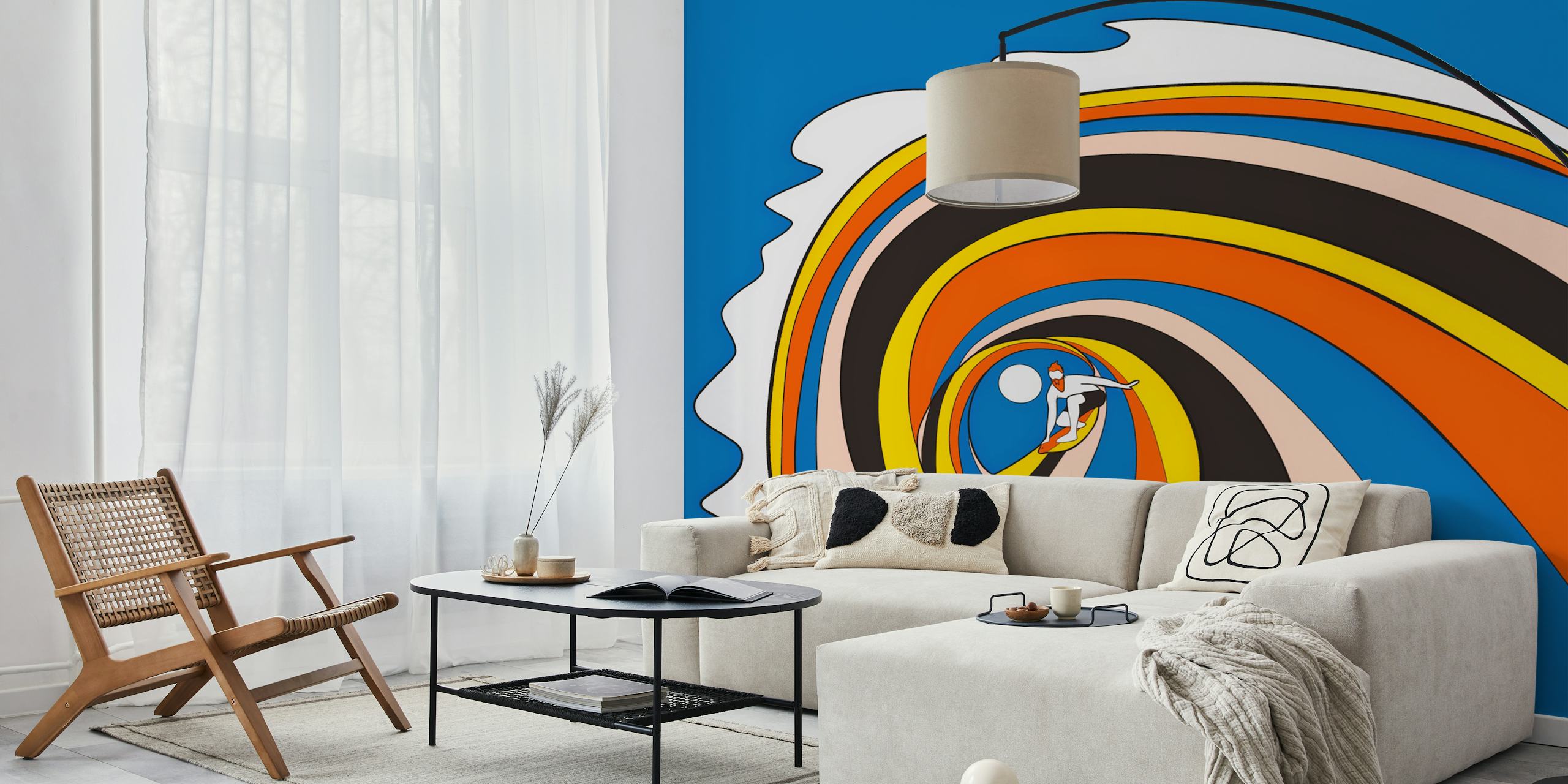 Colorful surfing wave illustration featuring blue, orange, yellow, and black tones in a modern wallpaper.