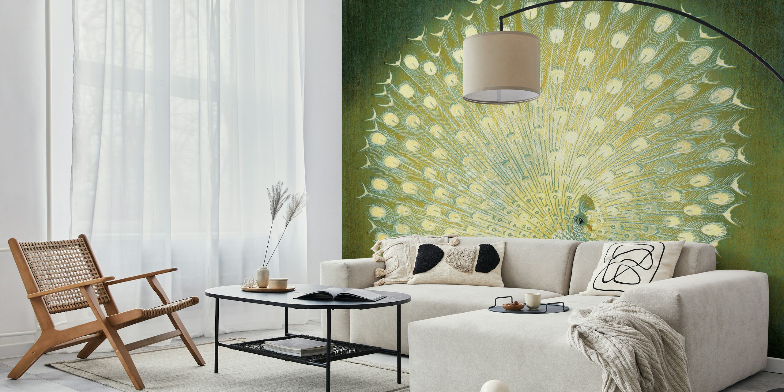 Peacock with green background in floral pattern wallpaper