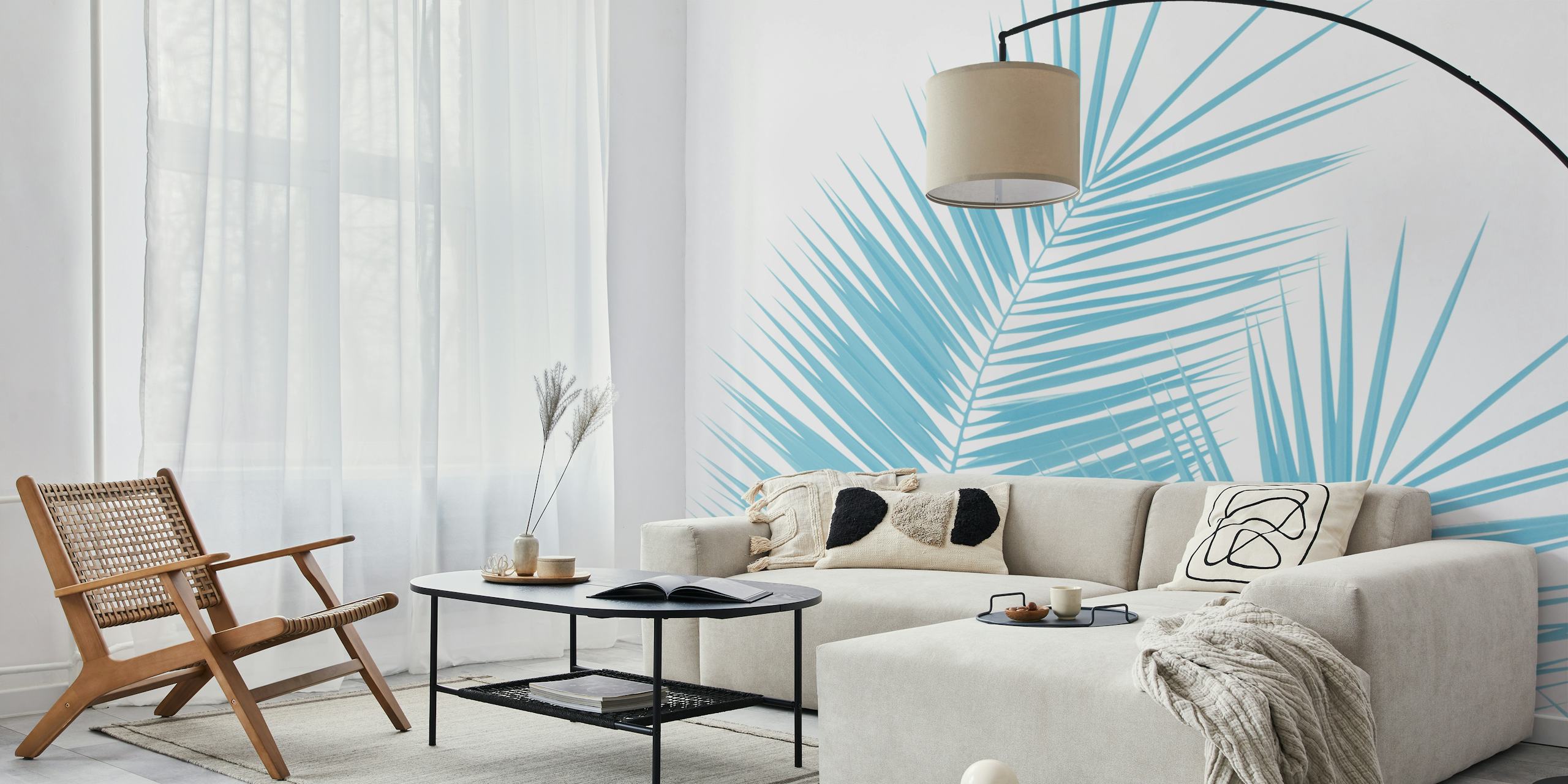 Soft blue palm leaves wallpaper design