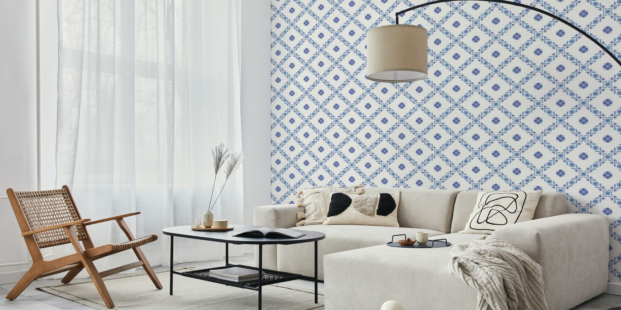 Retro-inspired blue tile pattern wall mural with geometric shapes