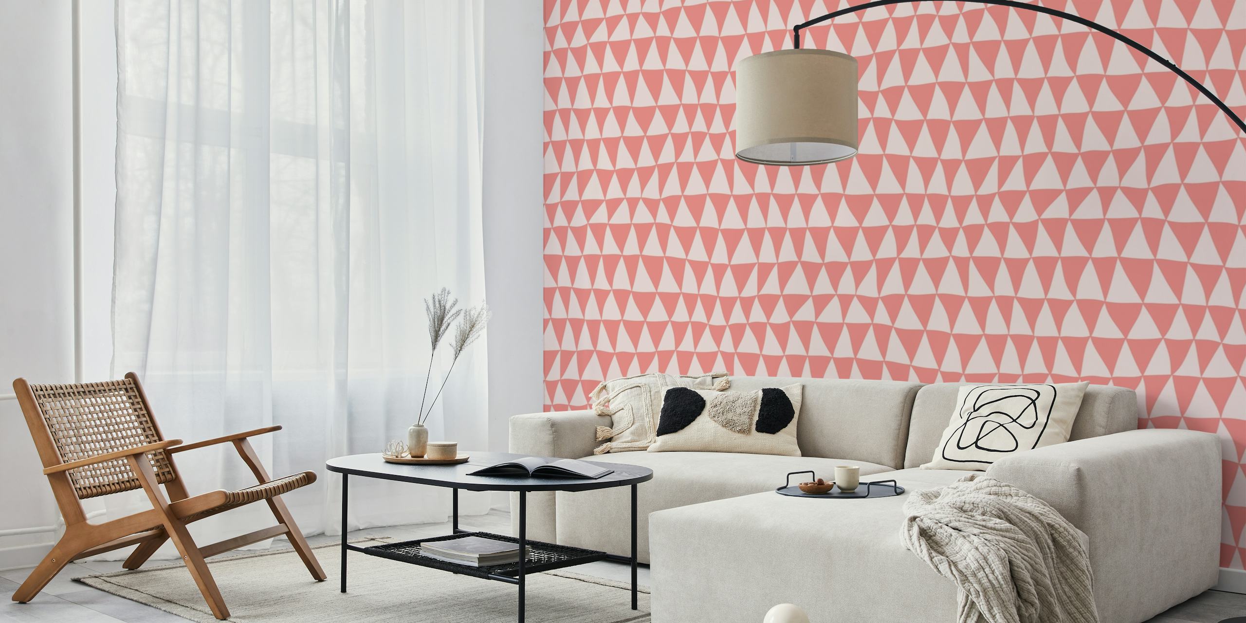 Coral pink wallpaper with geometric triangle patterns in white.