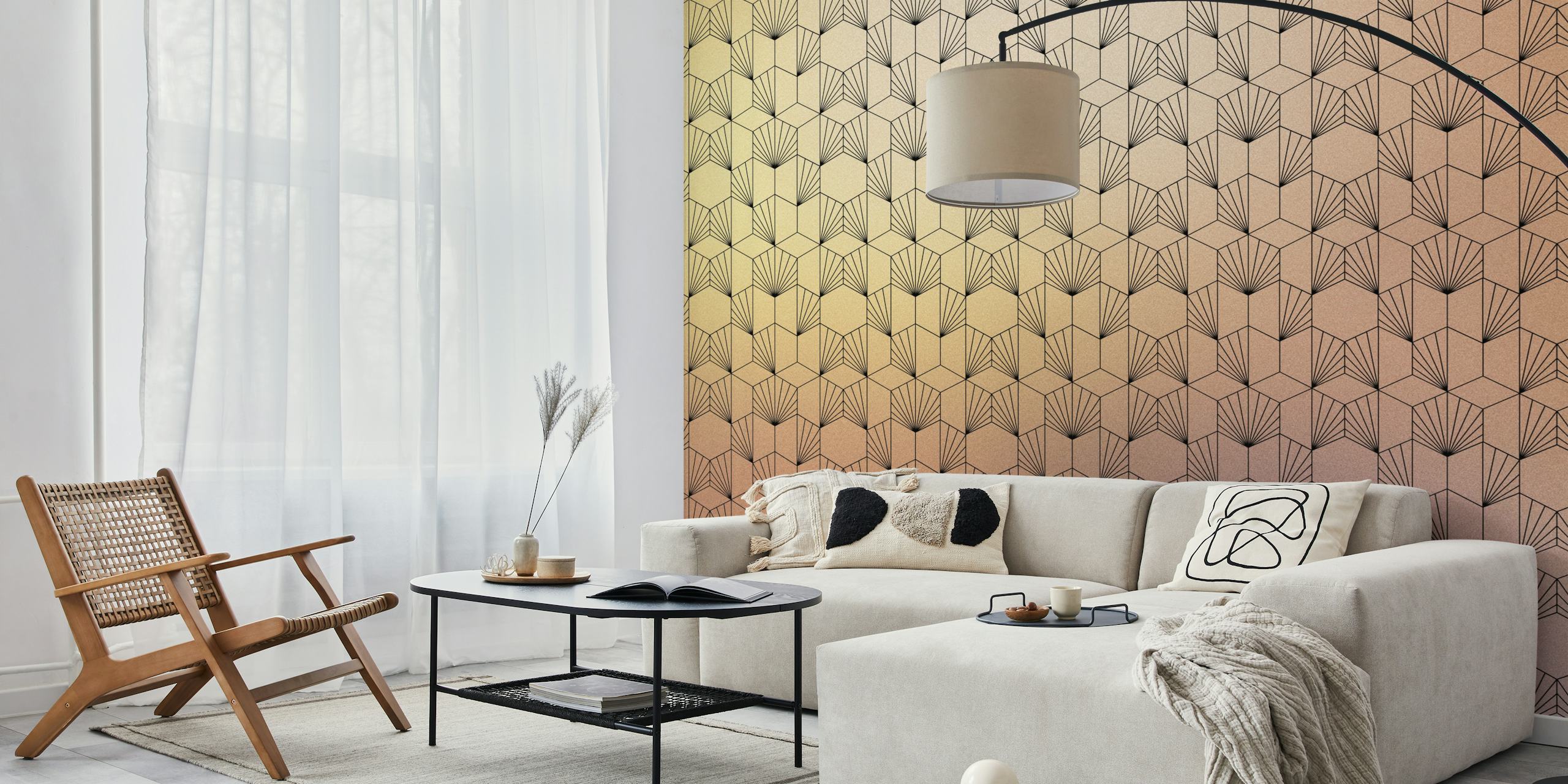 Papier peint mural dégradé hexagonal de style Art Déco dans des tons dorés et terreux