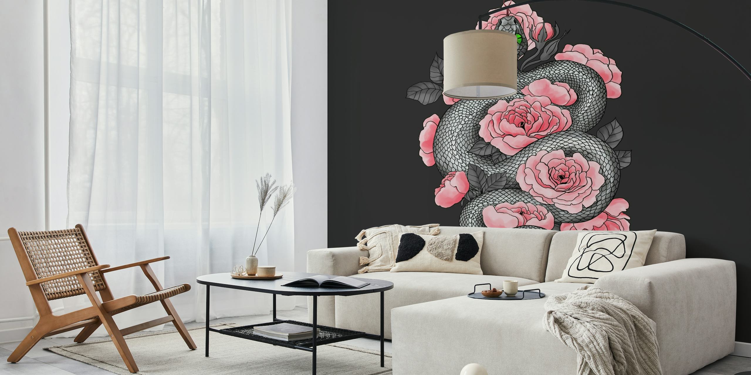 A wall mural featuring a snake among peach roses on a dark background
