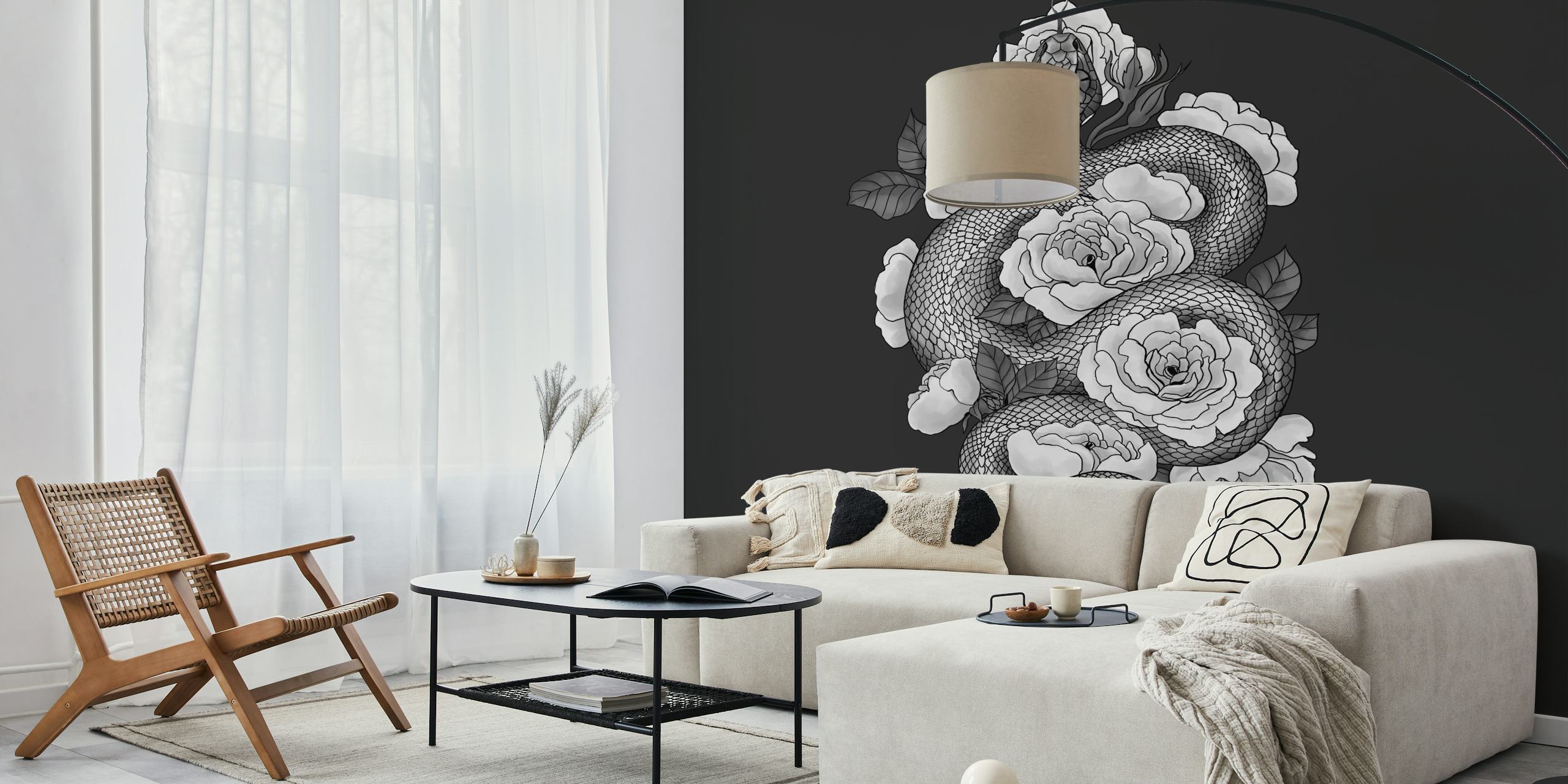 Snake and roses monochrome Tapete in einem Raum