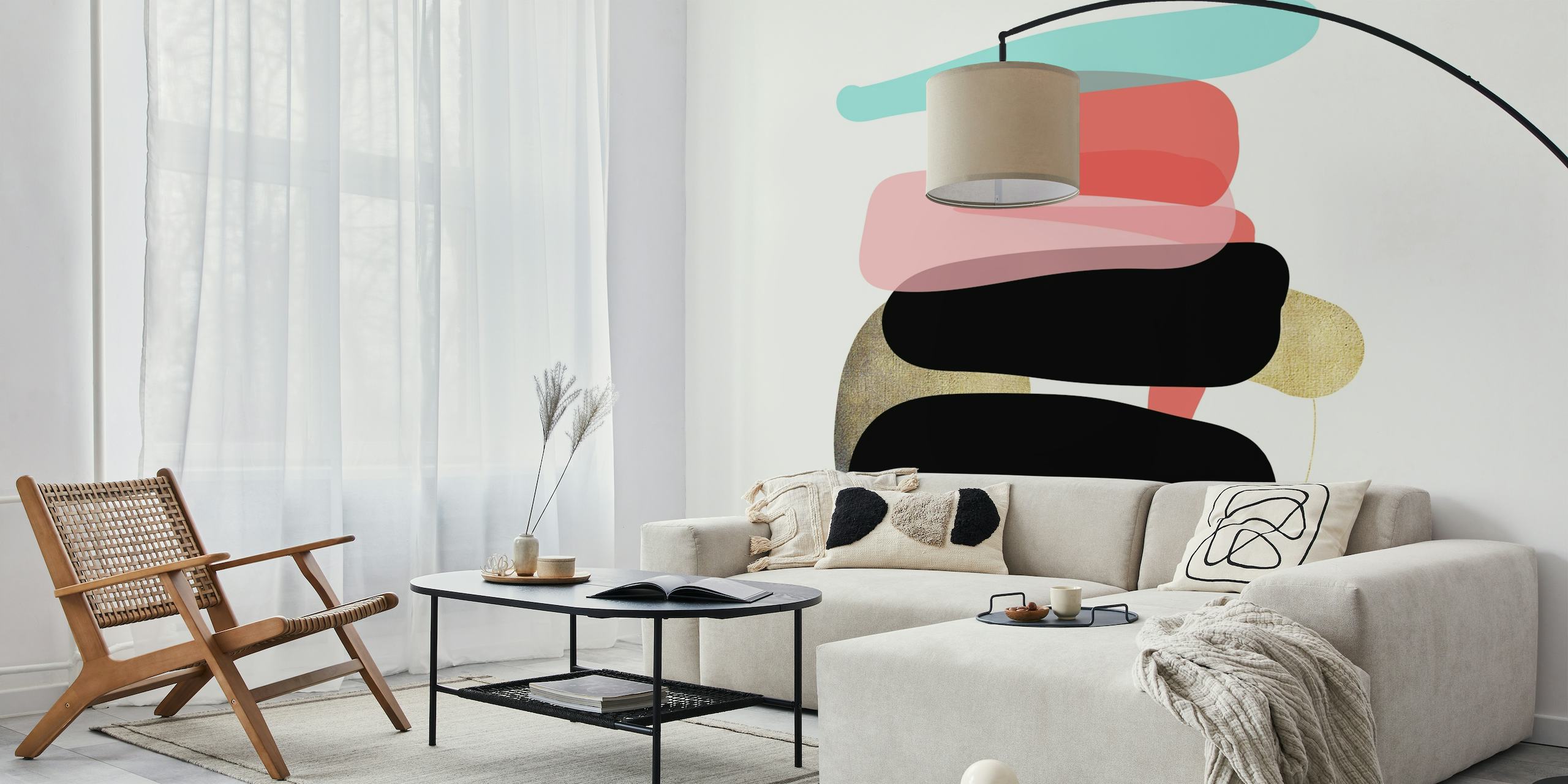 Abstract wall mural with serene color palette and bold shapes