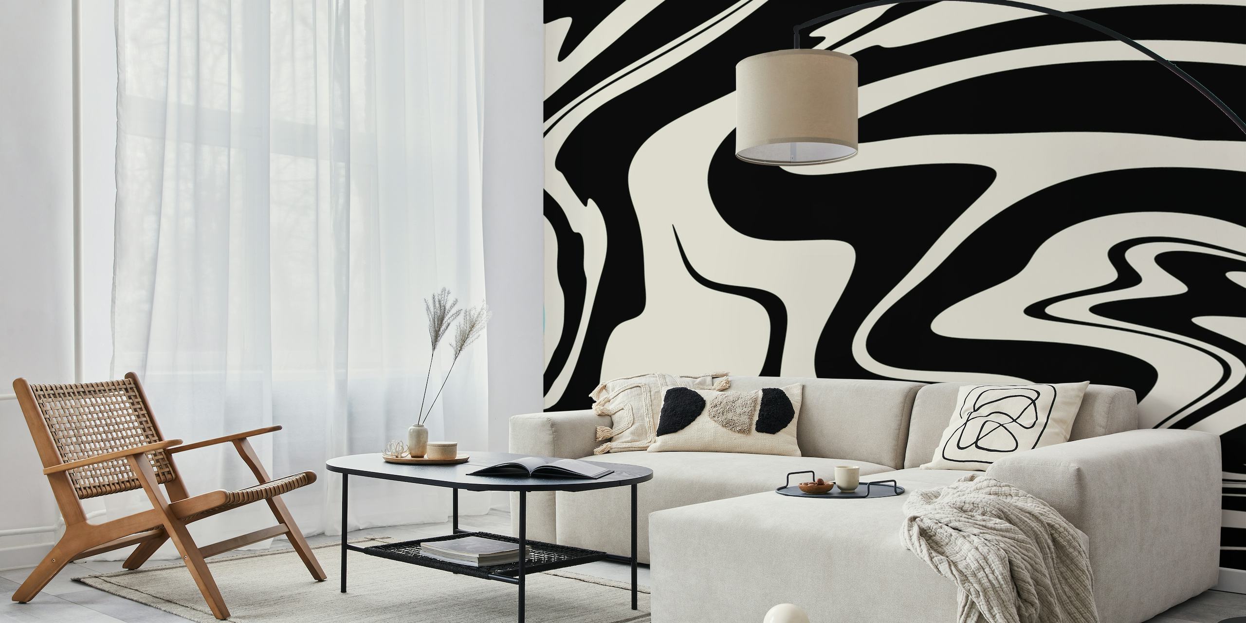 Retro glam -tyyliä muistuttava mustavalkoinen abstrakti pyörrekuvio seinämaalaukseen.