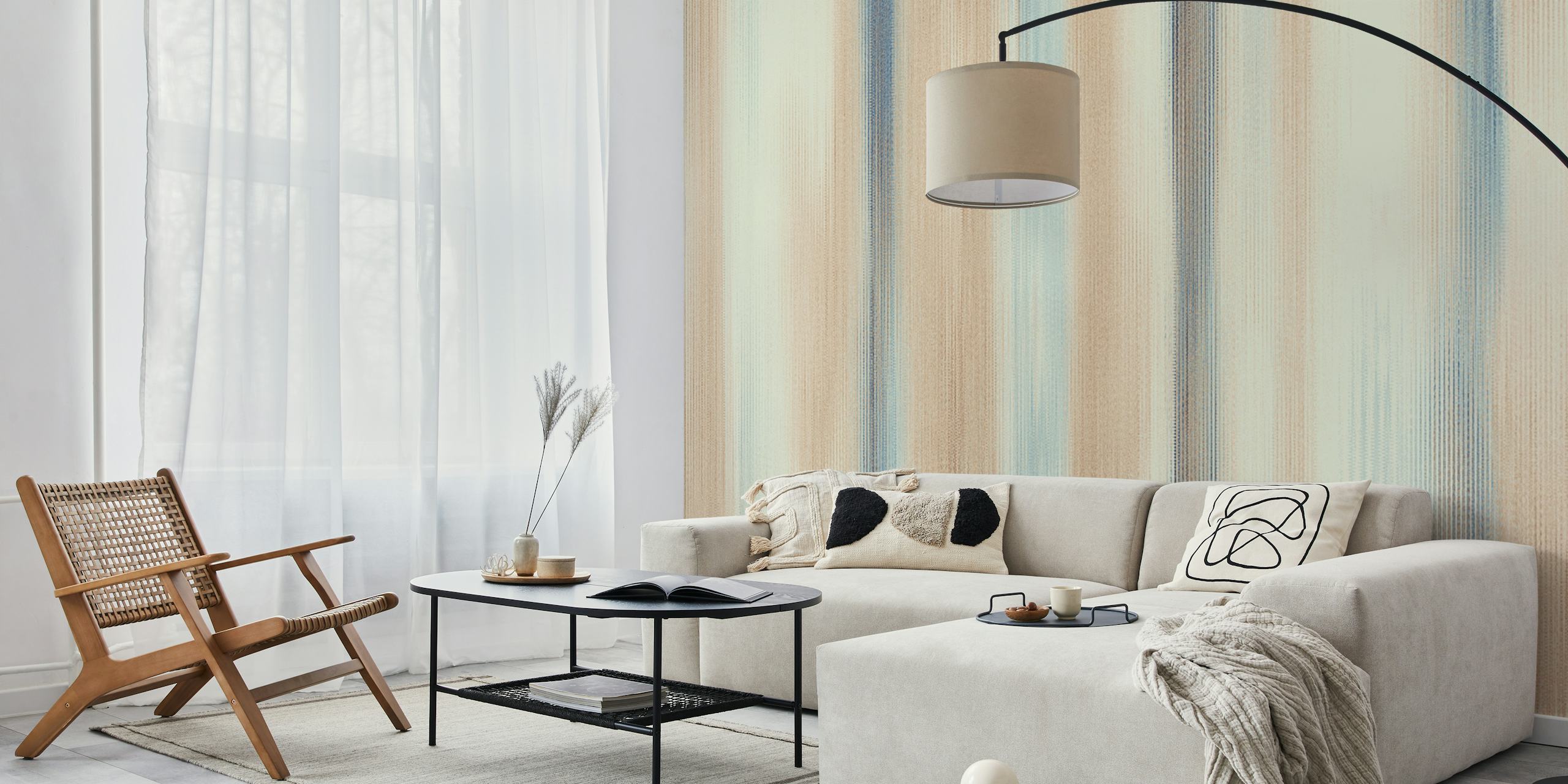 Watercolor striped pattern in beige, light blue, and cream wallpaper