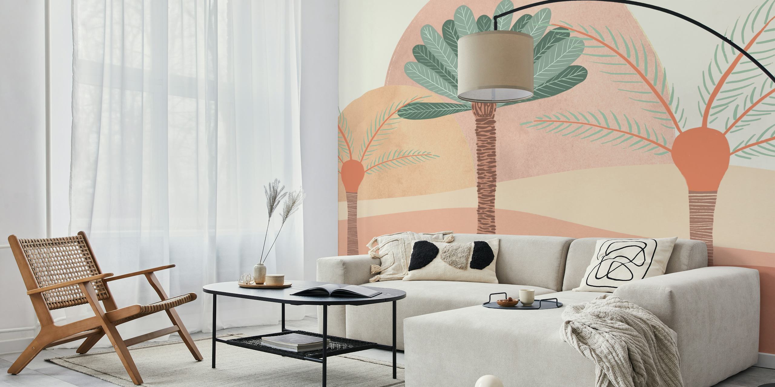 Peachy Sands serene desert wall mural with stylized flora in soft peach and sandy tones.