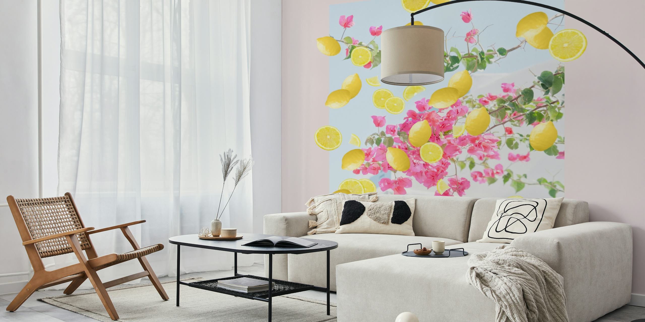 Pink floral wallpaper with lemons and green leaves design