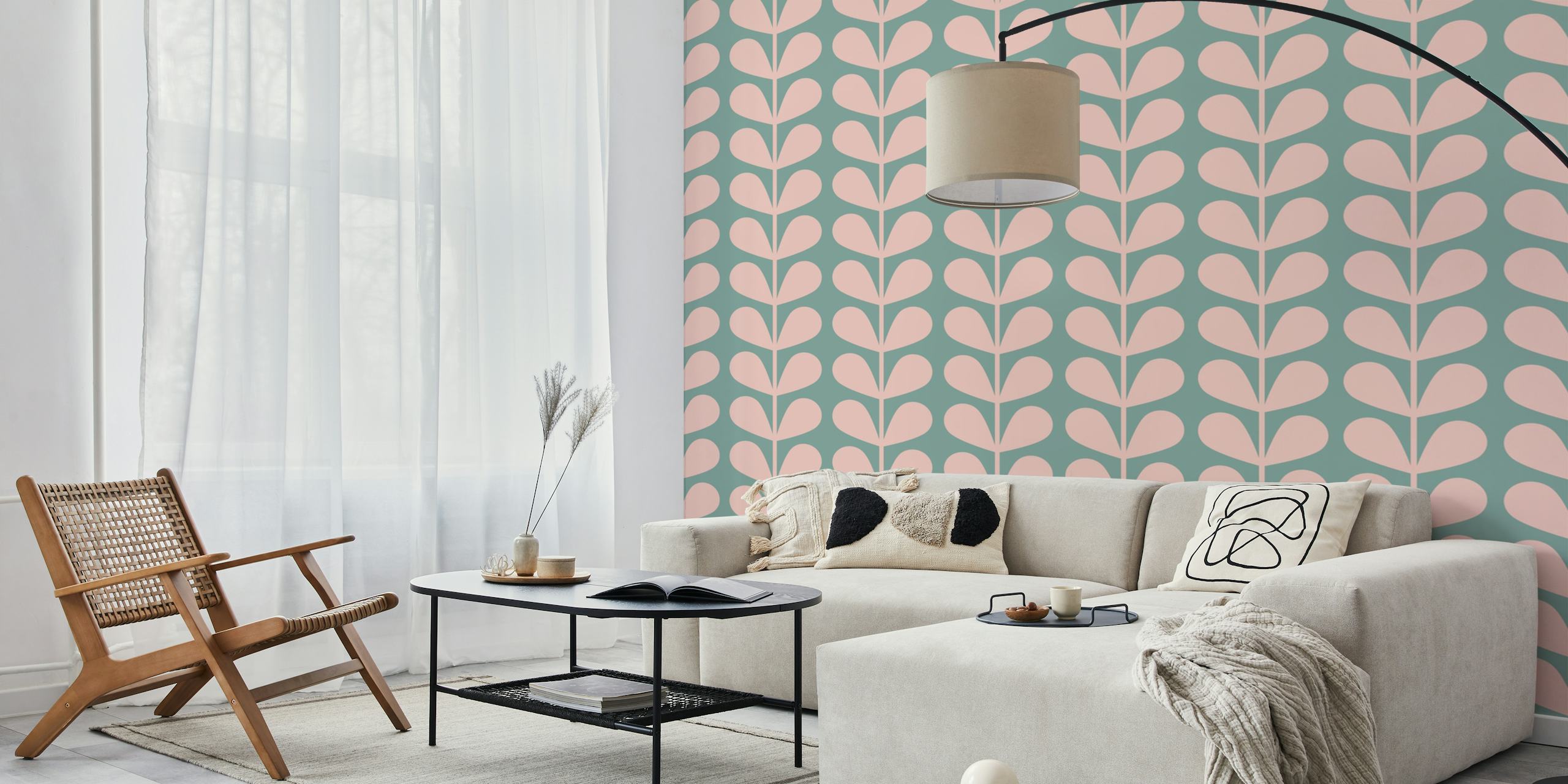Pink and green leaf pattern wallpaper, mid century style