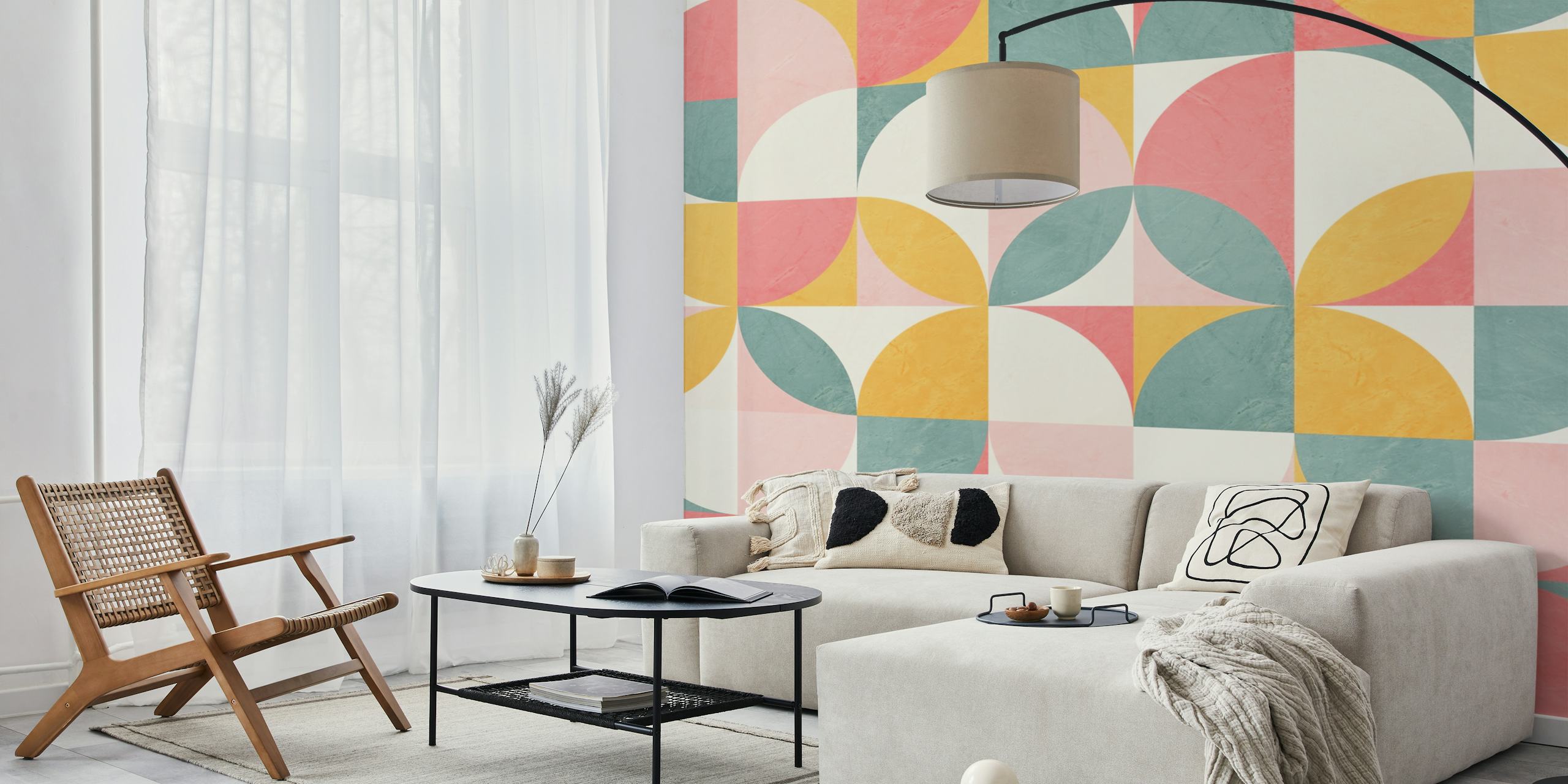 Colorful geometric shapes in pink, teal, and yellow wallpaper