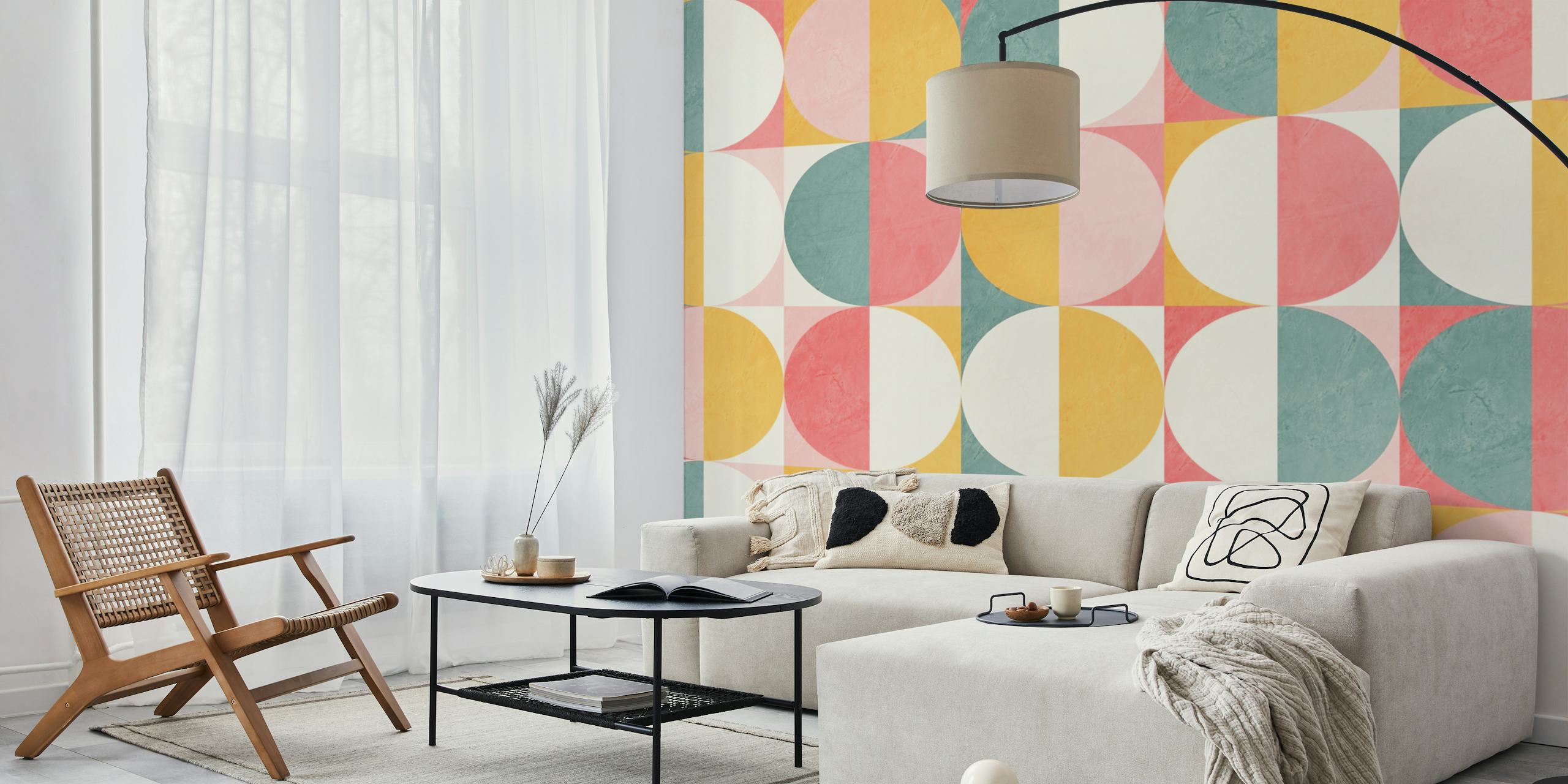 Colorful geometric circles in pink, yellow, and blue wallpaper