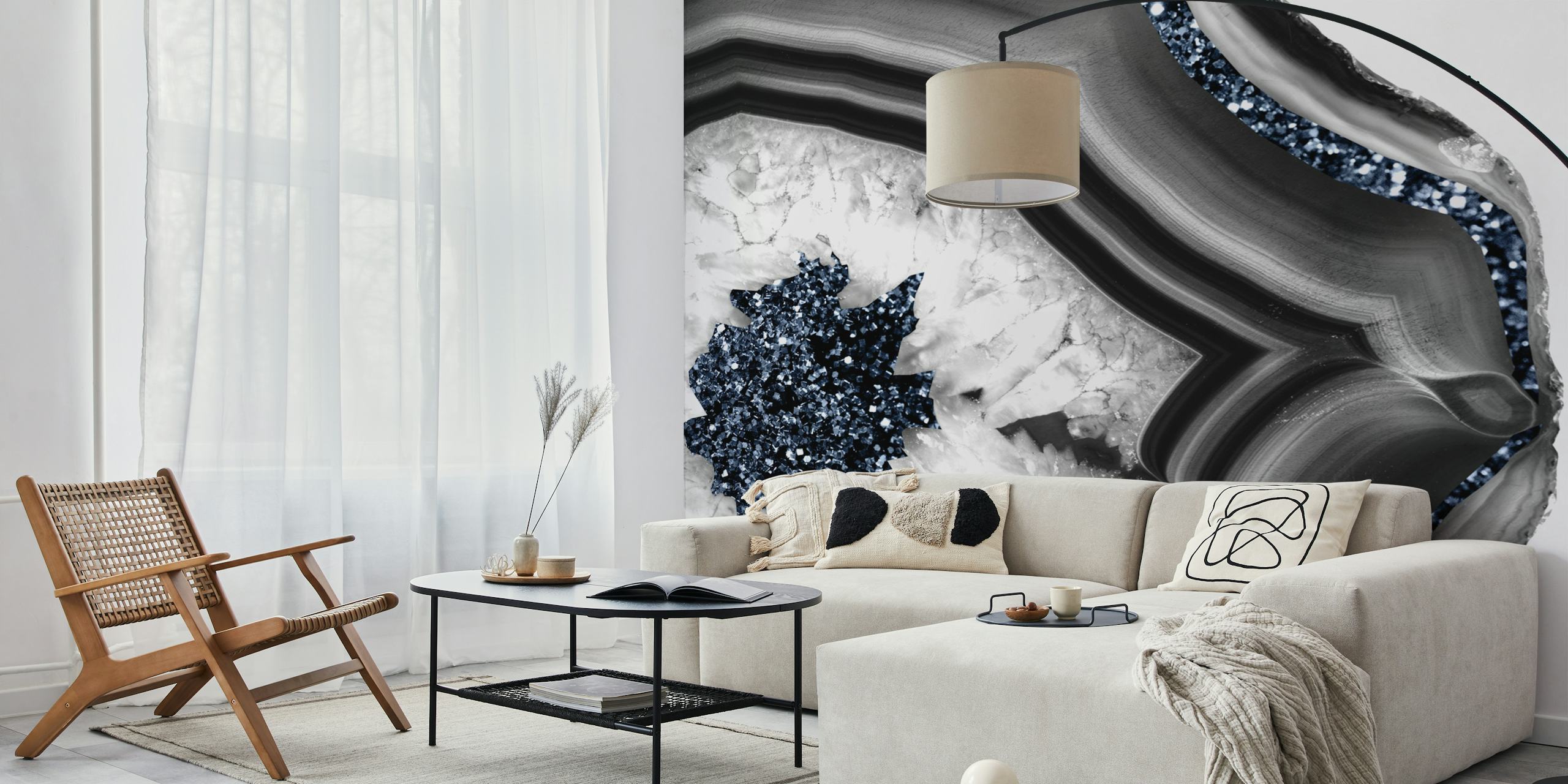 Gray and white agate pattern with sparkling blue glitter wallpaper