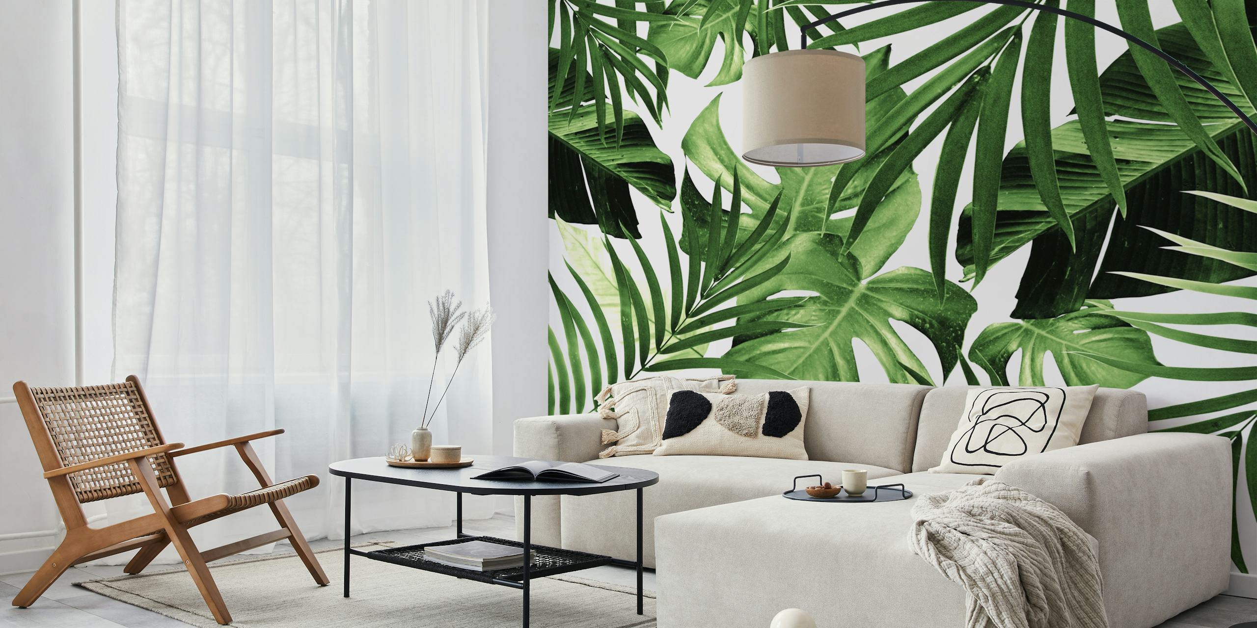 Tropical green leaves on a white background wallpaper