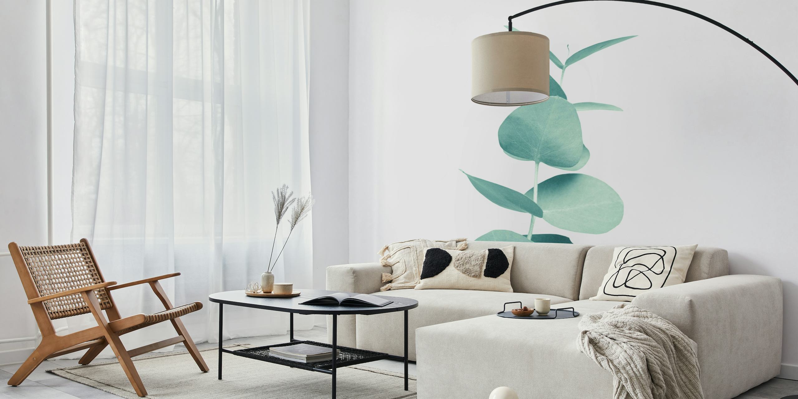 Simplistic eucalyptus branch wall mural with soft green tones