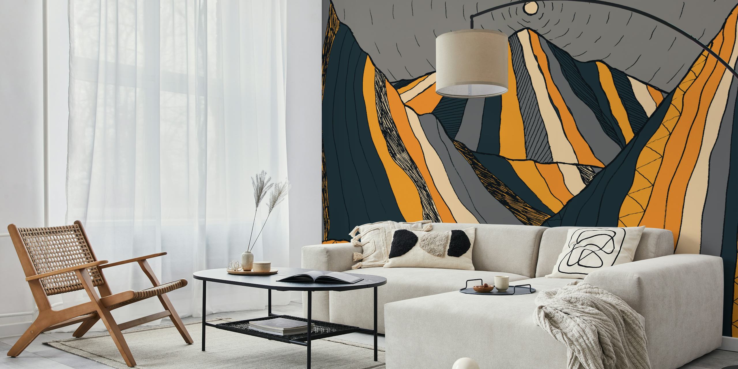 Abstract mountain landscape wall mural under a grey sky with earthy tones